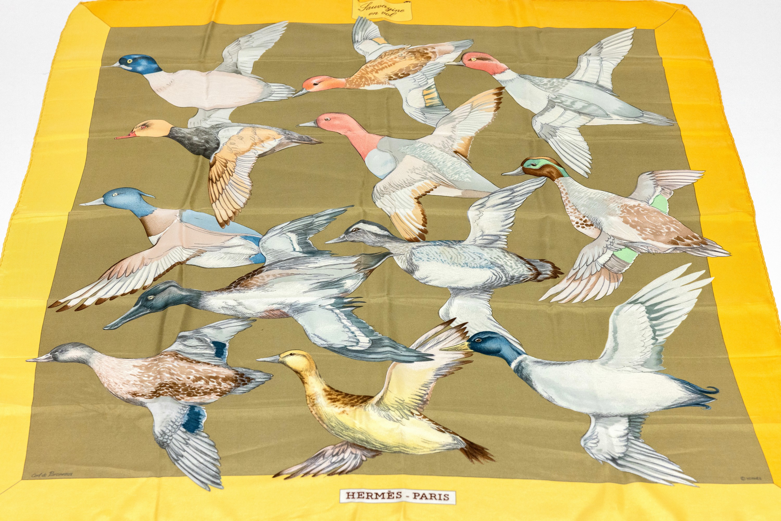 Image 27027237 - HERMES Seidencarree, 100% Seide, ´Sauvagineen vol´, Wildvögel in der Luft, grüner ...