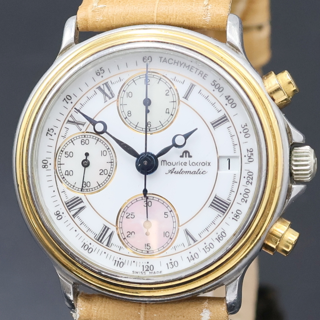 Detail a: MAURICE LACROIX Armbandchronograph Referenz 03291, Schweiz um 2003, Automatik, Edelstahl z. T. verg. inkl. Lederband, Boden und Krone verschr., gebl. ...