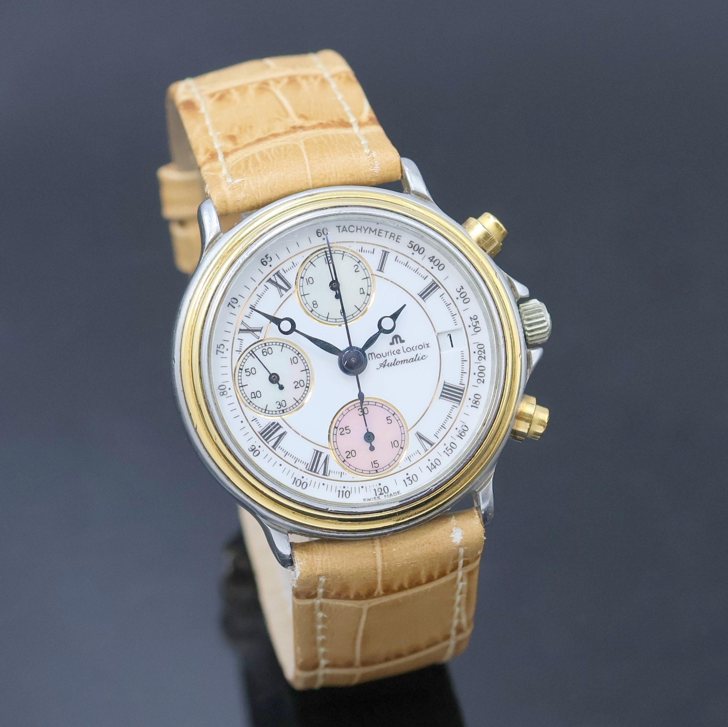 Detail b: MAURICE LACROIX Armbandchronograph Referenz 03291, Schweiz um 2003, Automatik, Edelstahl z. T. verg. inkl. Lederband, Boden und Krone verschr., gebl. ...