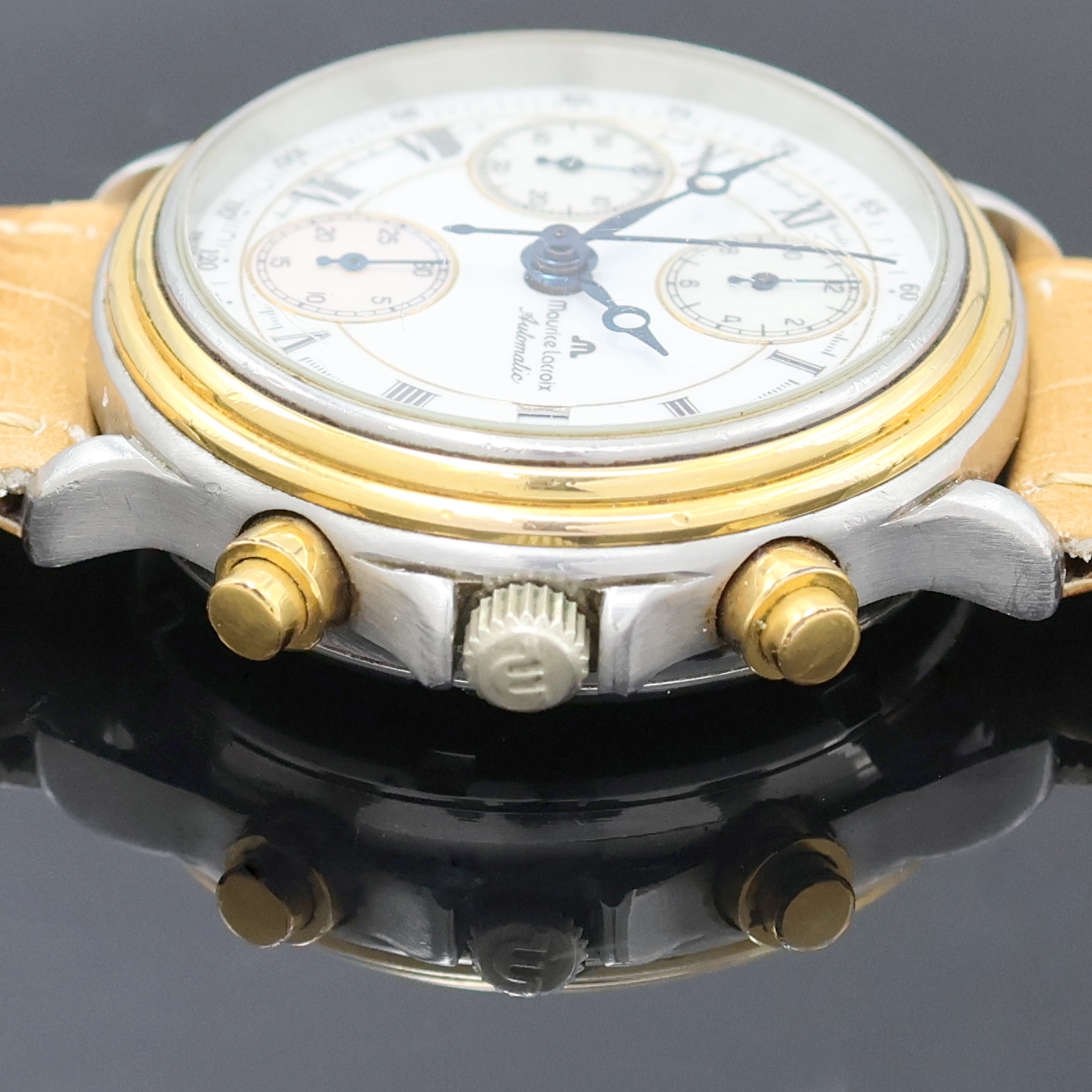 Detail d: MAURICE LACROIX Armbandchronograph Referenz 03291, Schweiz um 2003, Automatik, Edelstahl z. T. verg. inkl. Lederband, Boden und Krone verschr., gebl. ...