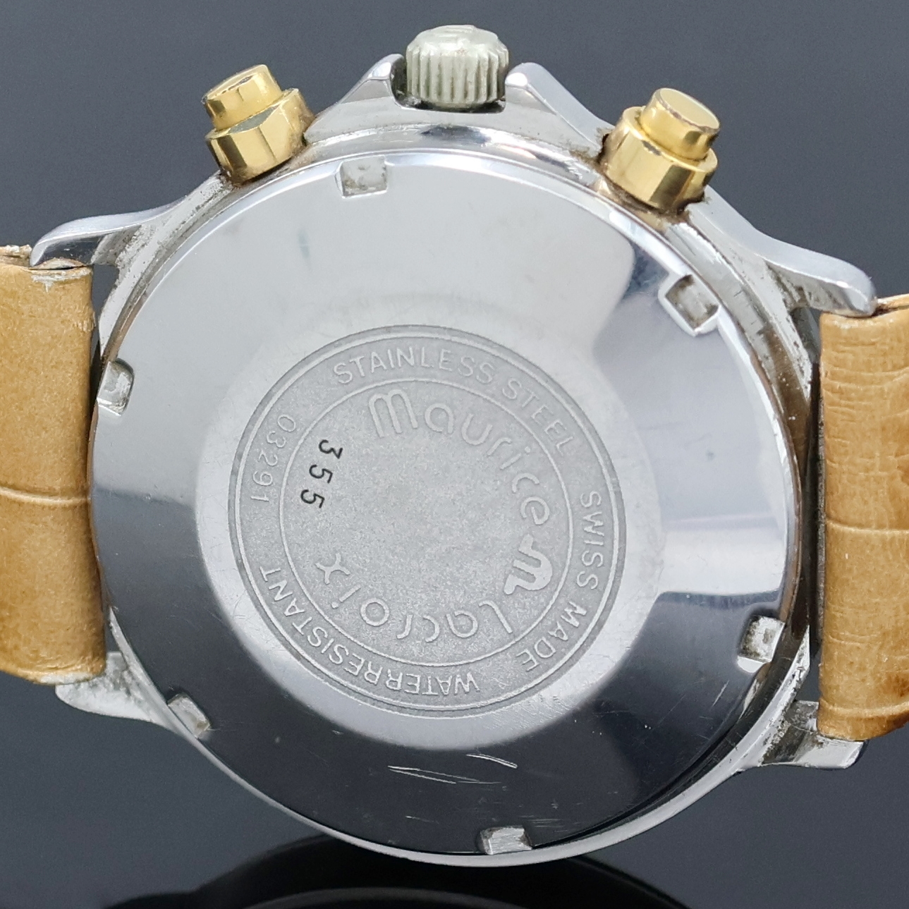 Detail e: MAURICE LACROIX Armbandchronograph Referenz 03291, Schweiz um 2003, Automatik, Edelstahl z. T. verg. inkl. Lederband, Boden und Krone verschr., gebl. ...
