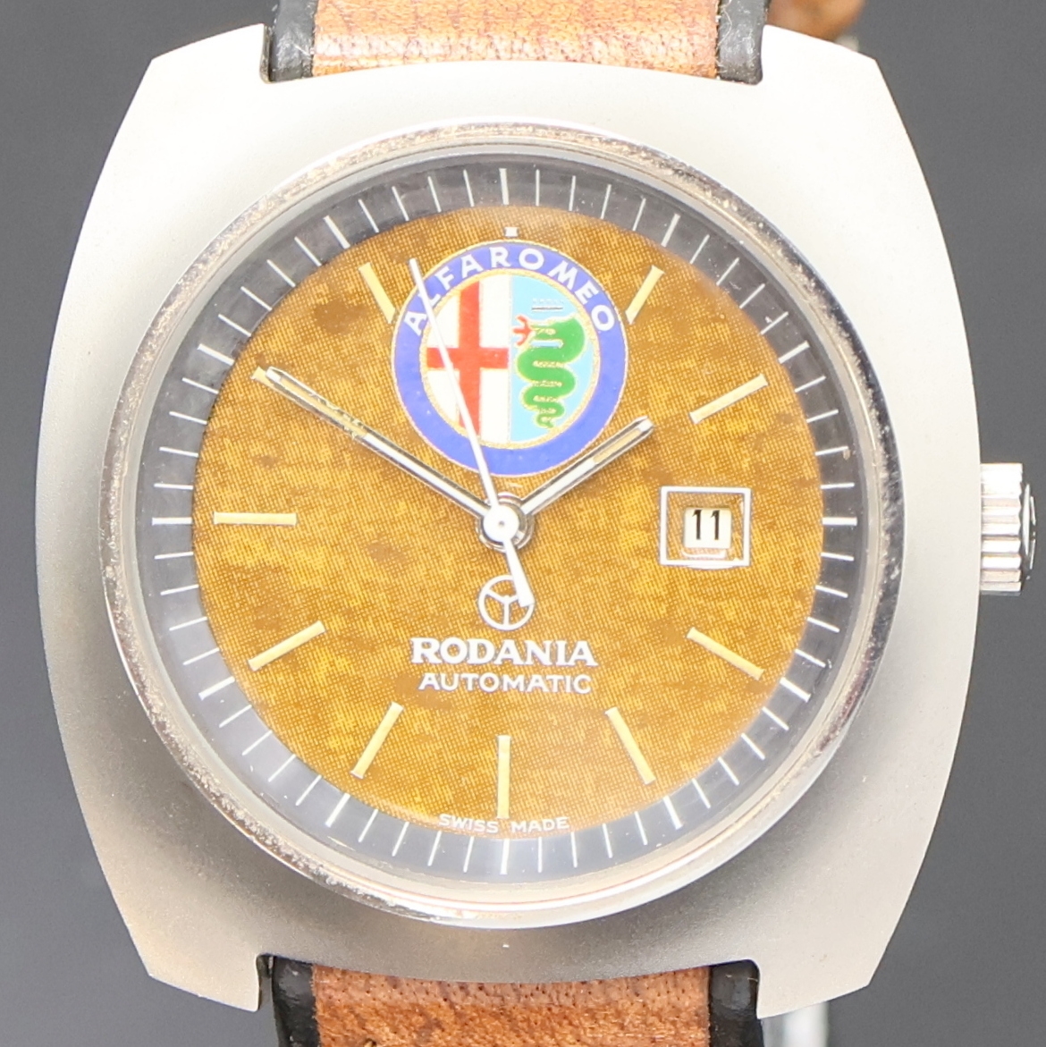 Detail a: RODANIA / ALFA ROMEO Armbanduhr, Schweiz 1970er Jahre, Automatik, Edelstahlgeh. inkl. orig. Lederband, Boden verschr., Anz. v. Std., Min., ...