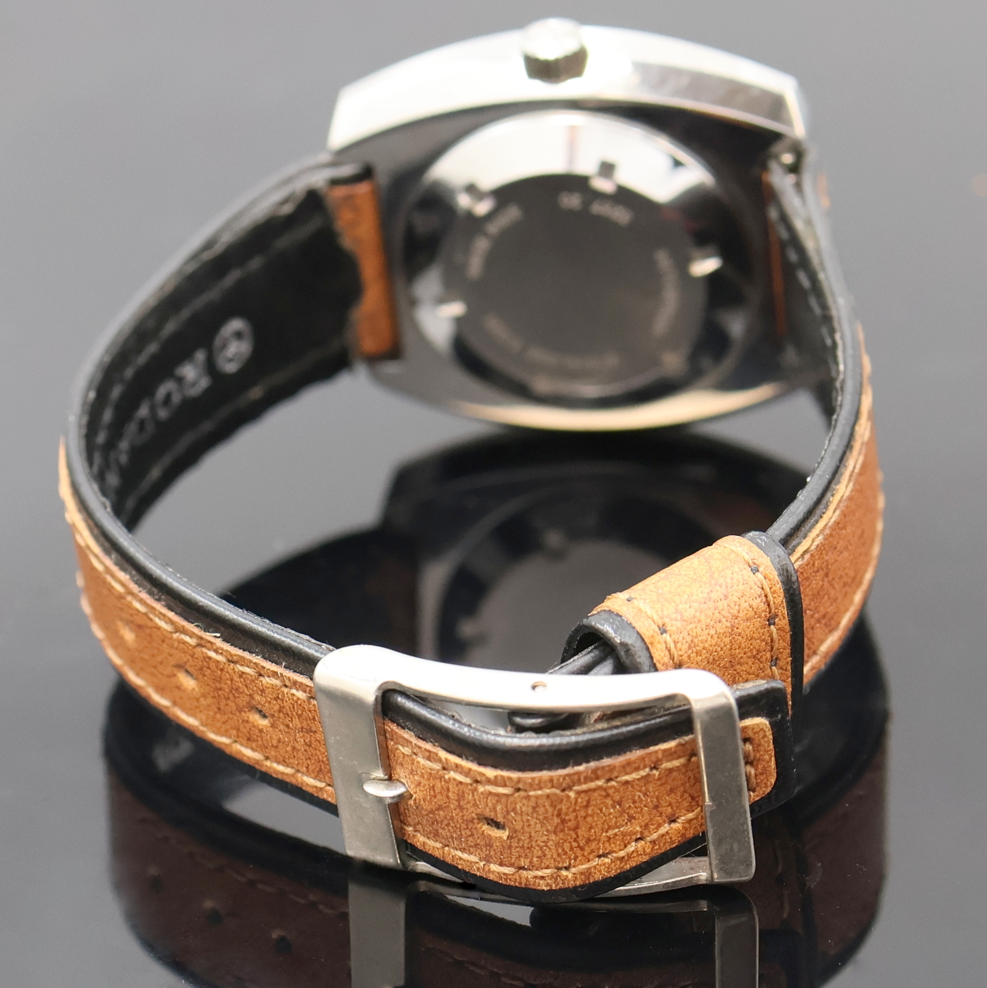 Detail c: RODANIA / ALFA ROMEO Armbanduhr, Schweiz 1970er Jahre, Automatik, Edelstahlgeh. inkl. orig. Lederband, Boden verschr., Anz. v. Std., Min., ...