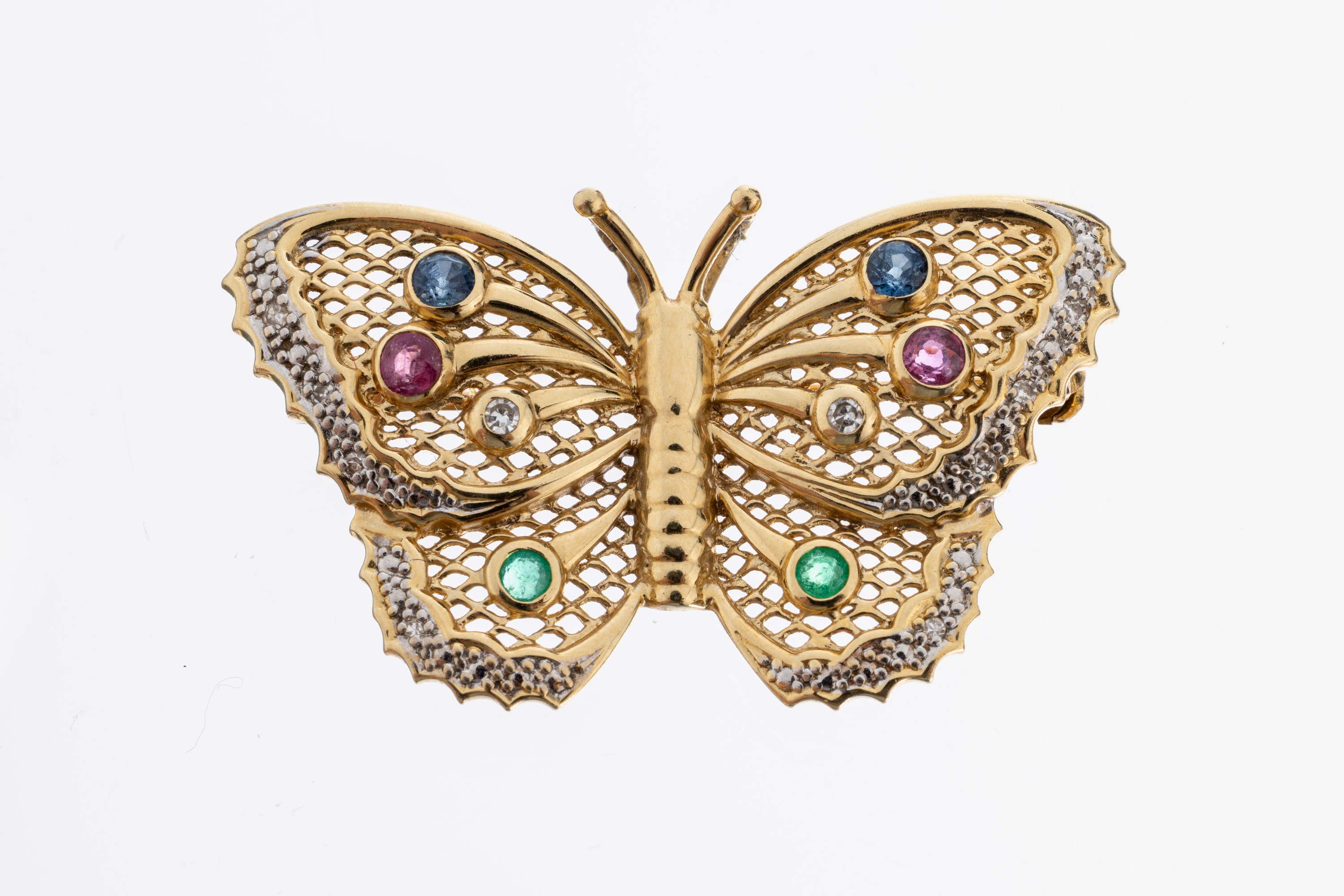 Image 27027252 - 14 kt Gold Farbstein-Diamant-Brosche, GG 585/000, Darstellung eines Schmetterlings, ...