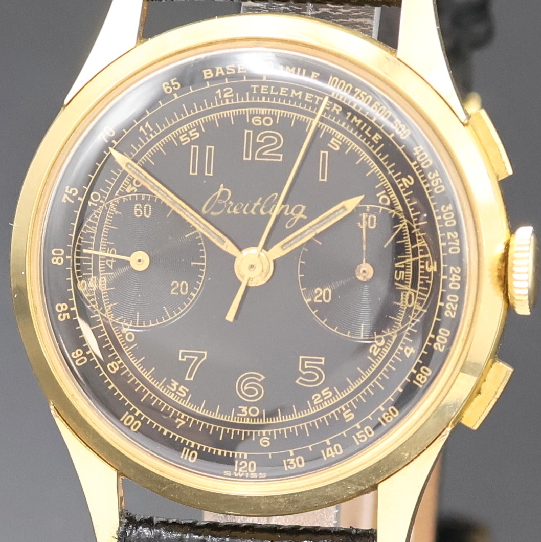 Detail a: BREITLING Herrenchronograph Referenz 1159 48 im vergoldeten Gehäuse, Schweiz um 1950, Handaufzug, 3-tlg. Geh., Lünette u. Stahlboden aufgedr., ...