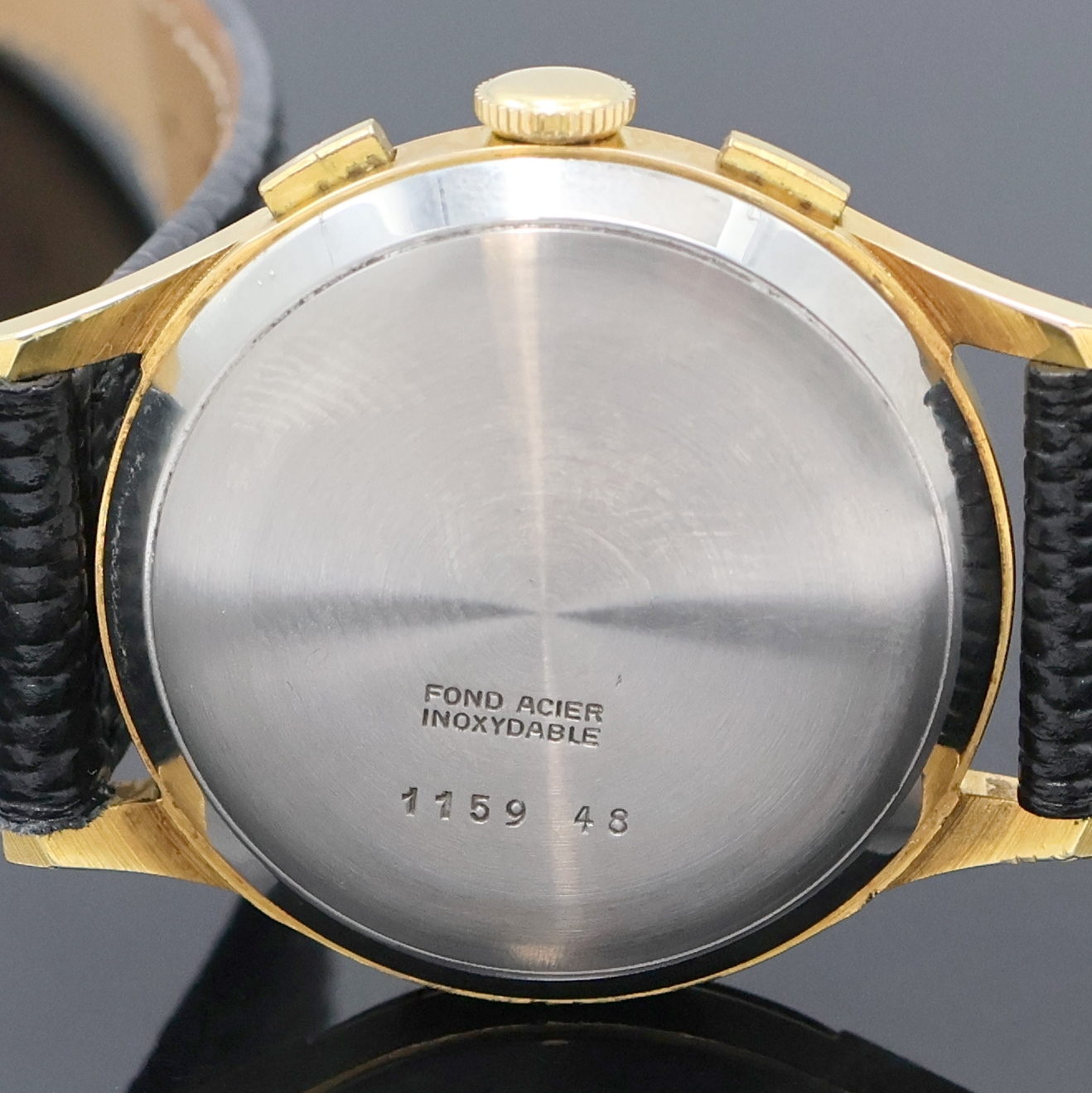 Detail d: BREITLING Herrenchronograph Referenz 1159 48 im vergoldeten Gehäuse, Schweiz um 1950, Handaufzug, 3-tlg. Geh., Lünette u. Stahlboden aufgedr., ...
