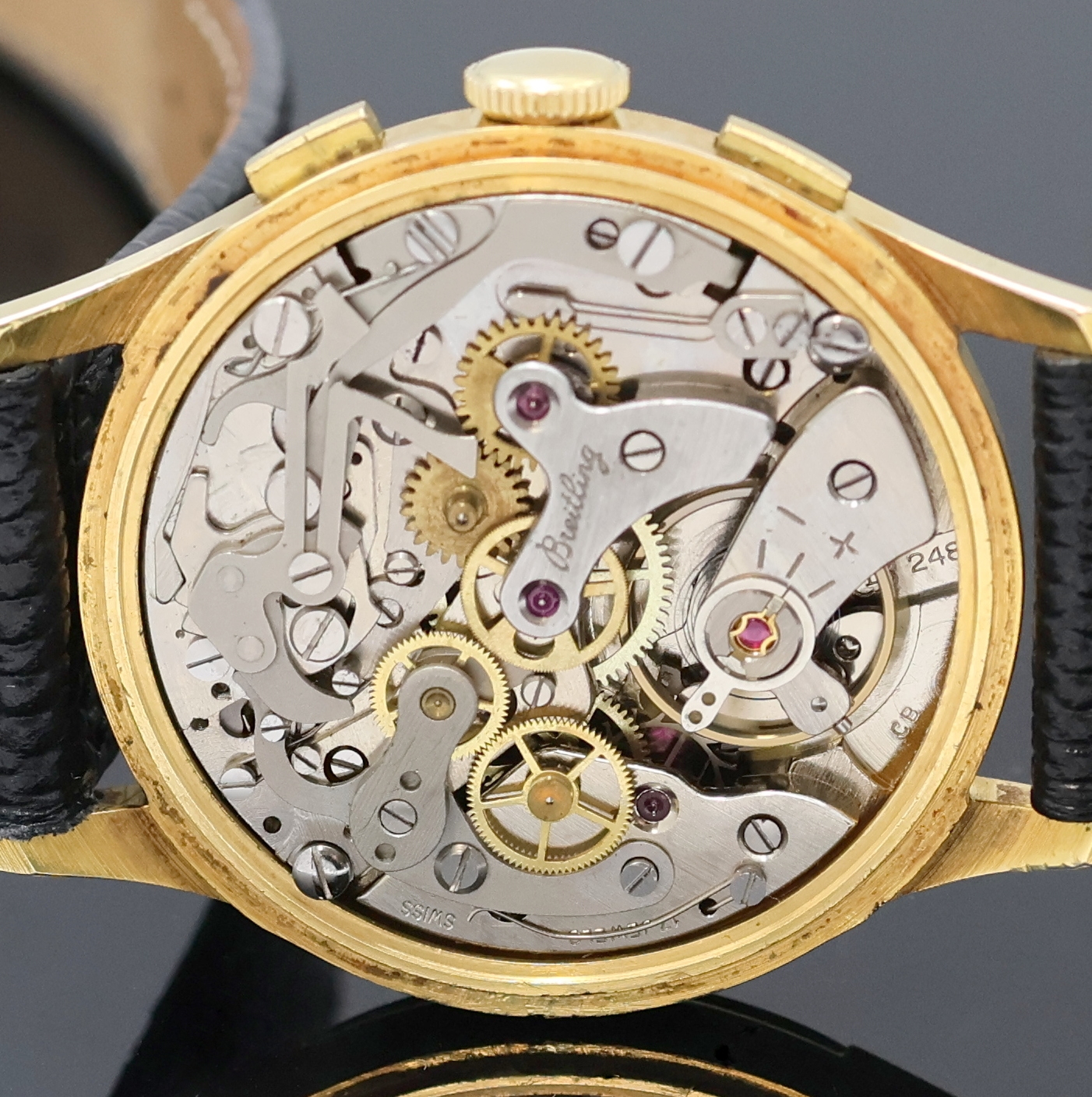 Detail e: BREITLING Herrenchronograph Referenz 1159 48 im vergoldeten Gehäuse, Schweiz um 1950, Handaufzug, 3-tlg. Geh., Lünette u. Stahlboden aufgedr., ...