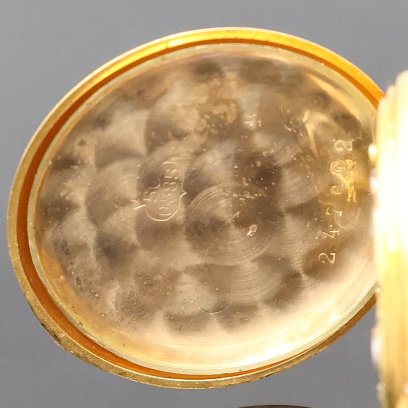 Detail f: Damensavonette in GG 585/000 mit Diamanten und Rubinen, Schweiz um 1890, 3-Deckel Goldgeh., fein grav. Sprungdeckel mit Steinbesatz, Boden l. dell., ...