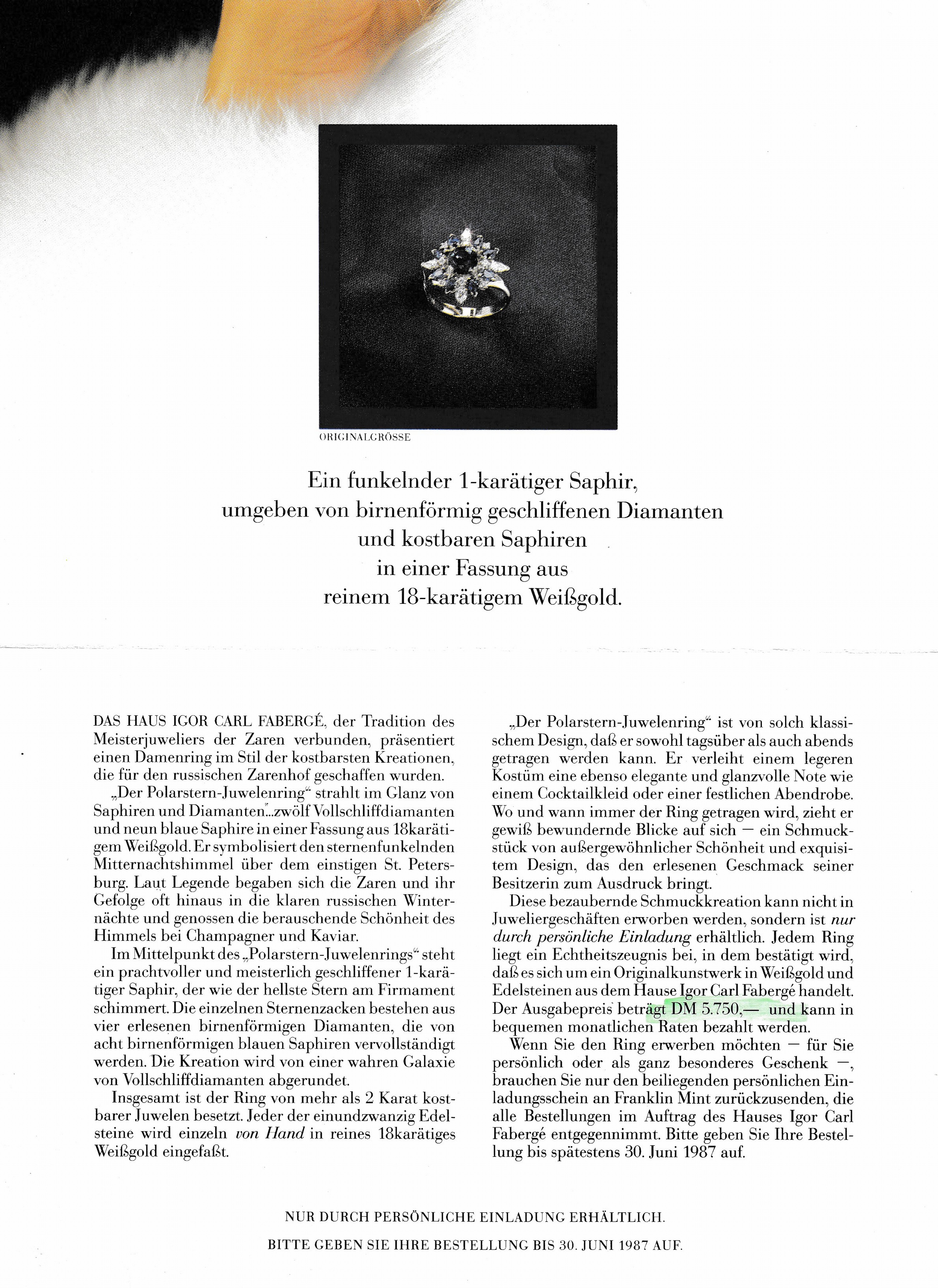 Detail a: 18 kt Gold FABERGE Saphir-Diamant-Ring, WG 750/000, Modell Polarstern, FABERGE NEW YORK, mittig rundfacett. Saphir ca. 1.0 ct, 8 facett. ...