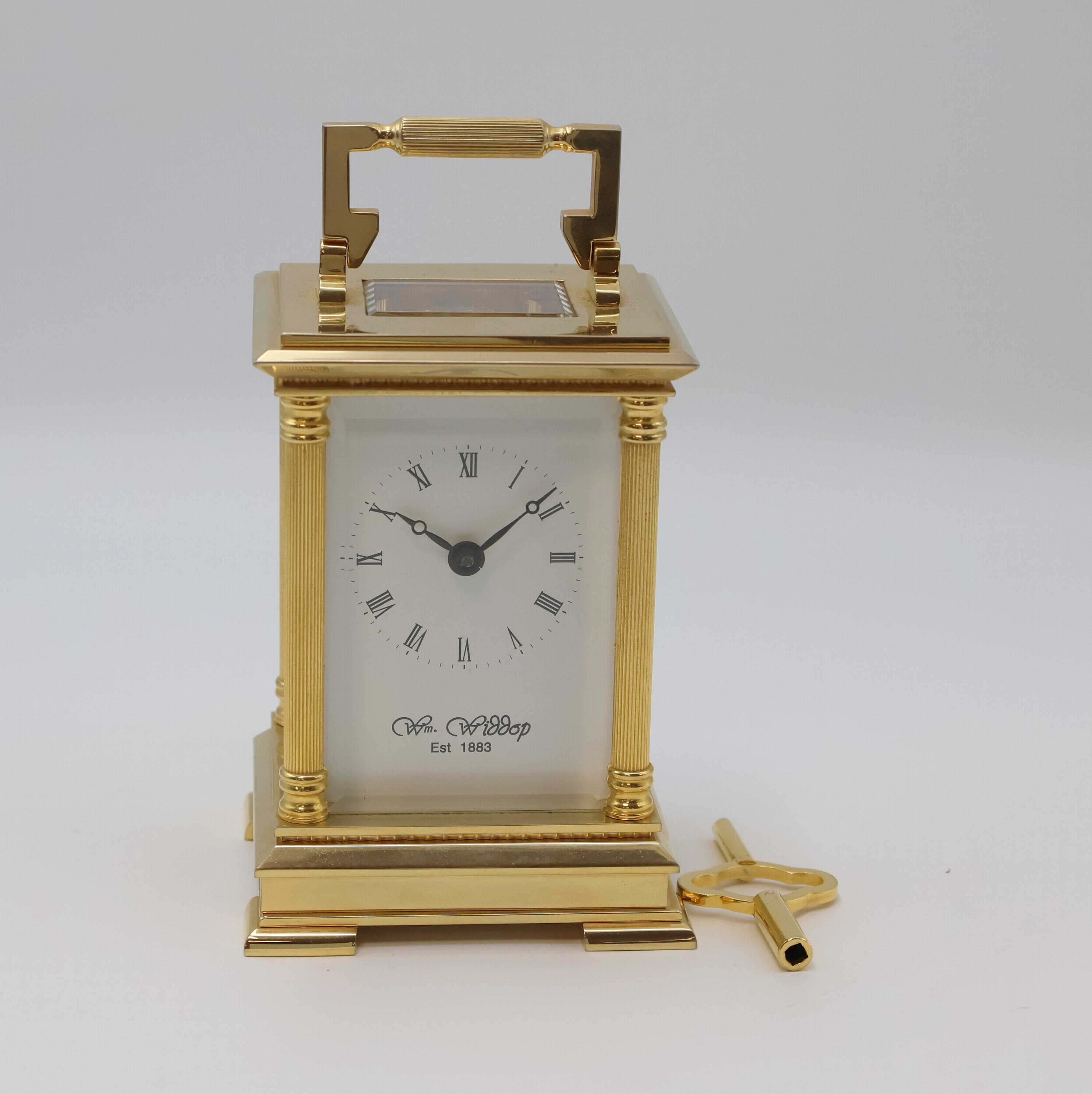 Image 27027411 - WM. WIDDOP vergoldete 8 Tage Reiseuhr, um 1980, Schlüsselaufzug, verg. Geh. 5-fach ...