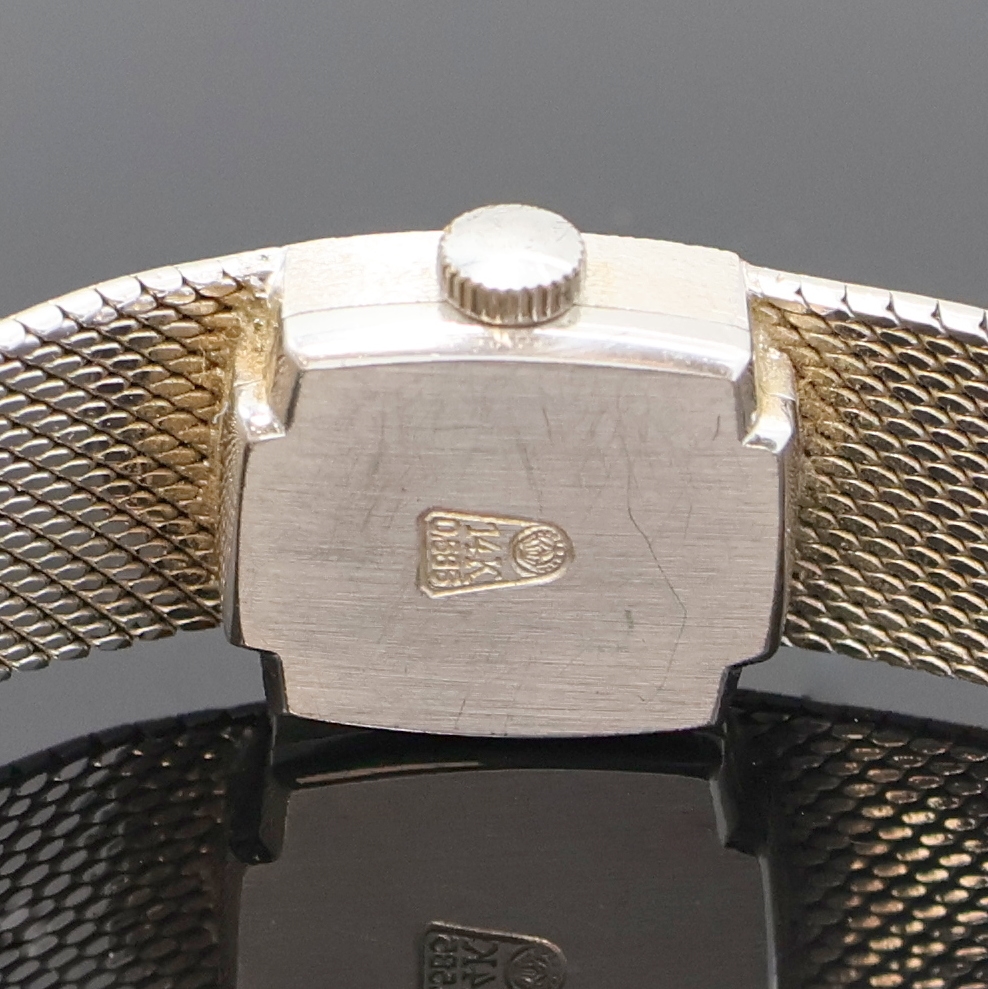 Detail e: FAVOR Damenarmbanduhr in WG 585/000, Schweiz/Deutschland um 1970, Handaufzug, 2-tlg. Geh., Boden aufgedr., Milanaiseband, blaues Zifferbl., weiße ...