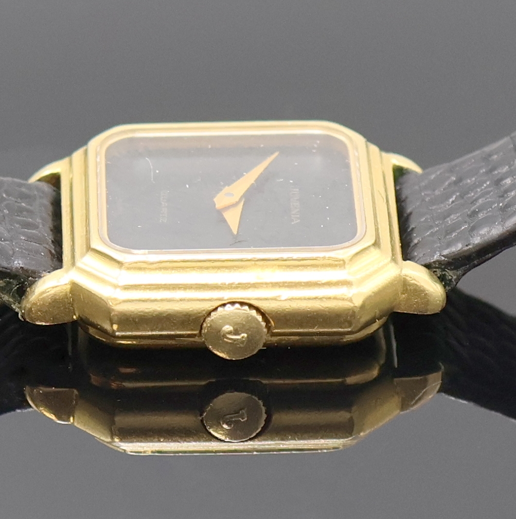 Detail b: JUVENIA Damenarmbanduhr in GG 750/000, Schweiz um 1980, quarz, 2-tlg. Geh., Boden aufgedr., schwarz. Zifferbl., gold. Dauphinezeiger, Werk def./zu ...