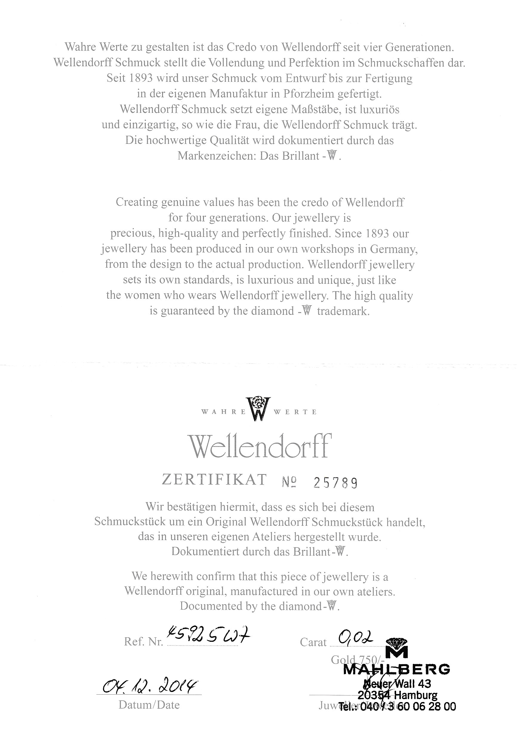 Detail a: 18 kt Gold WELLENDORFF Collier, WG 750/000,Modell Comtesse, typ. W-Abhängung mit Brillant0.02 ct feines Weiß/vvs, L. ca. 42 cm, mit Zertifikat und ...