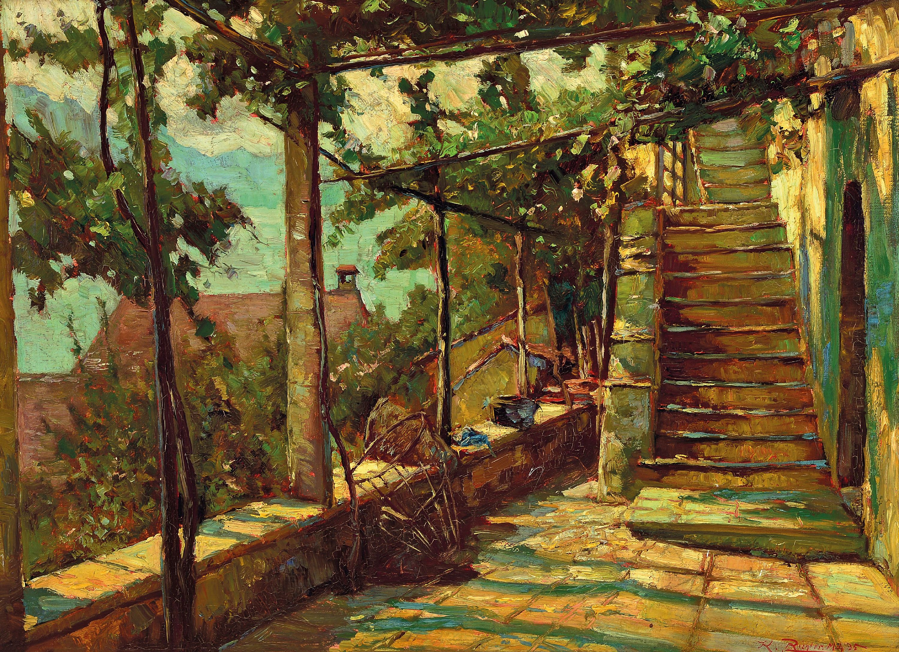 Image 27029529 - Karl Richter, Münchener Maler, datiert (19)35, Terrasse mit Blick über den See, rechts ...