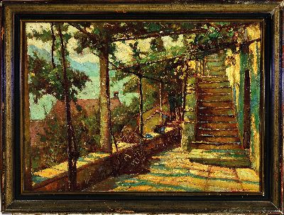 27029529k - Karl Richter, Münchener Maler, datiert (19)35, Terrasse mit Blick über den See, rechts ...