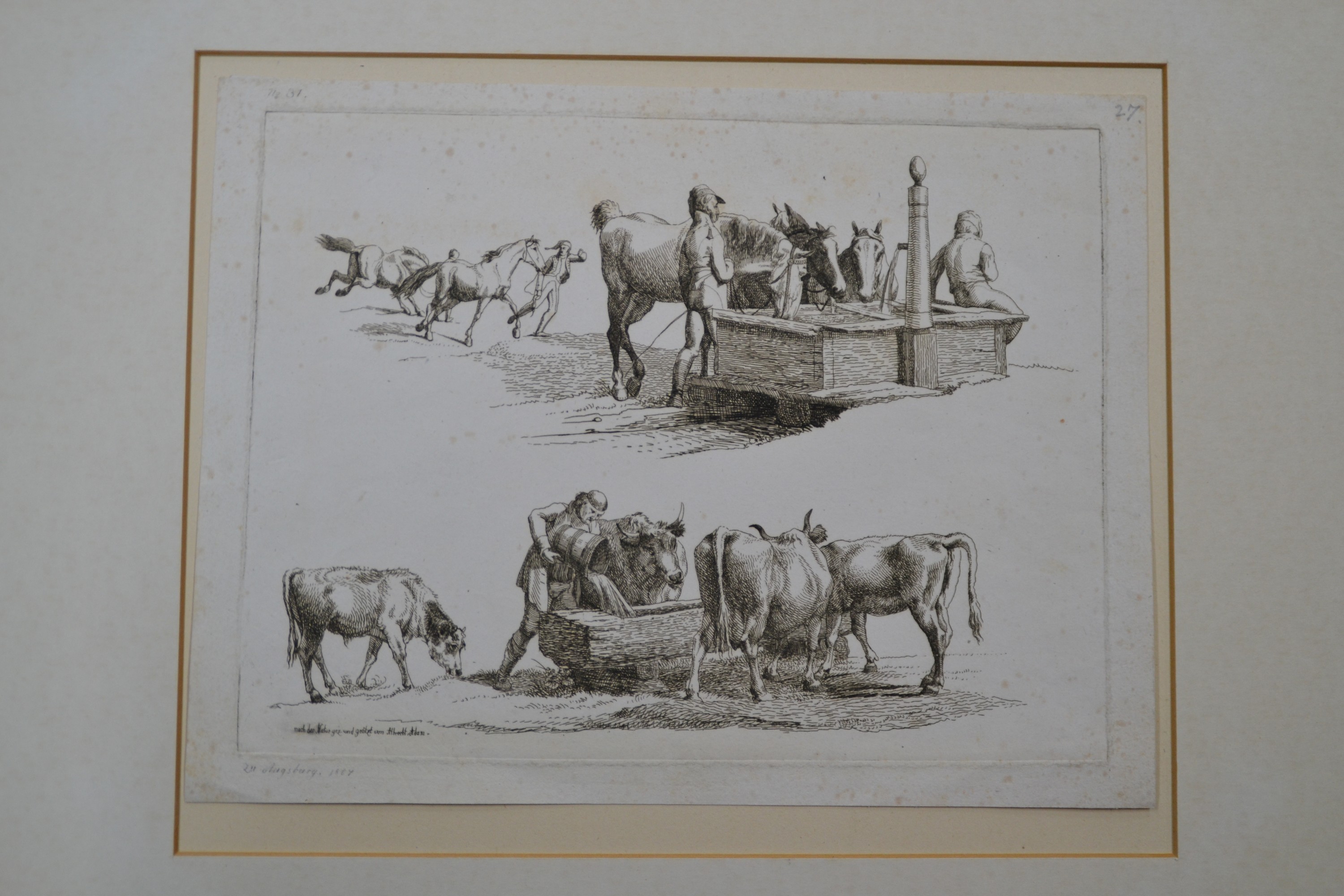 Detail c: Albrecht Adam, 1786 Nördlingen-1862 München, Konvolut aus 5 Radierungen: 2 Tränkeszenen sowohl mit Pferden und Knechten als auch mit Kühen und ...