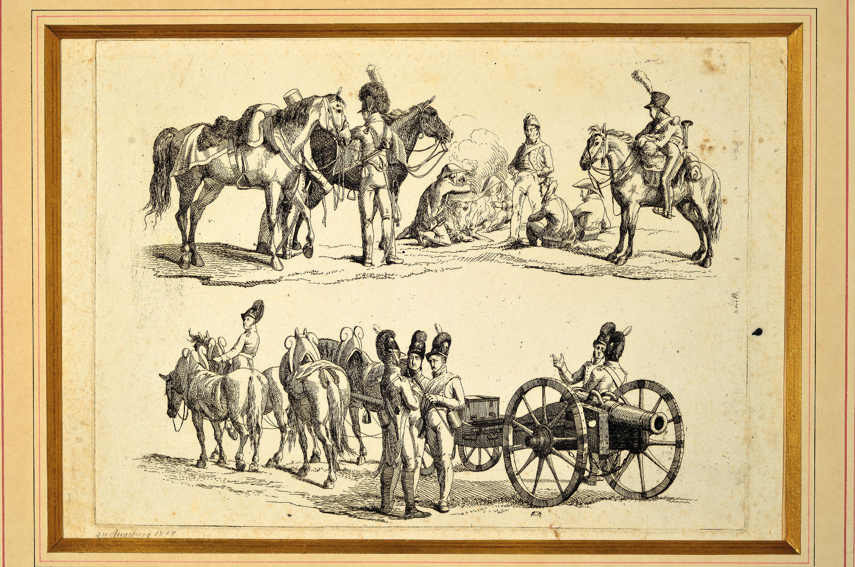Detail k: Albrecht Adam, 1786 Nördlingen-1862 München, Konvolut aus 5 Radierungen: 2 Tränkeszenen sowohl mit Pferden und Knechten als auch mit Kühen und ...