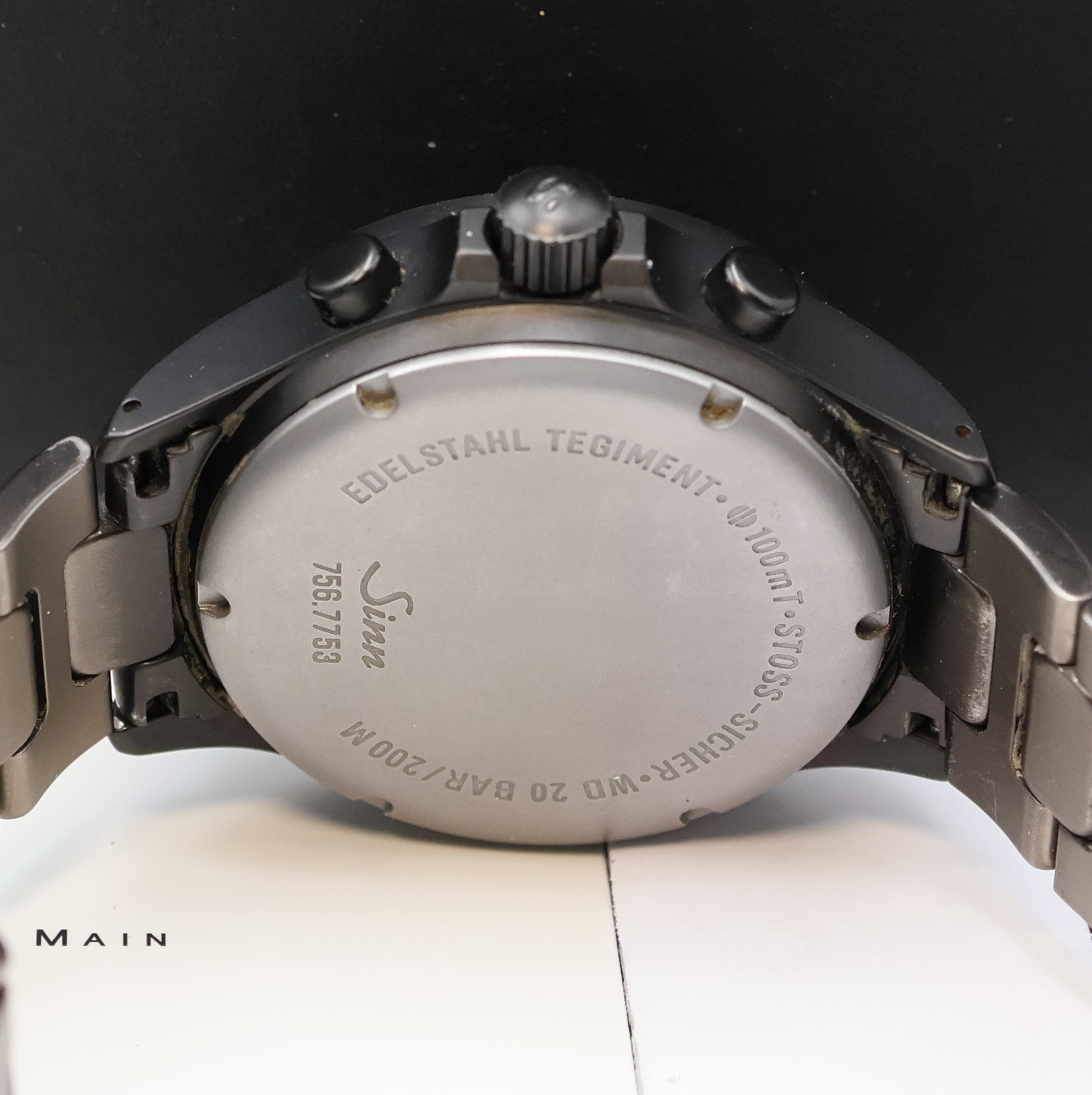 Detail e: SINN Armbandchronograph 756 in Edelstahl, Deutschland verk. lt. beil. Pap. 01/2010, Automatik, Edelstahl Tegiment, Boden u. Krone verschr., orig. ...
