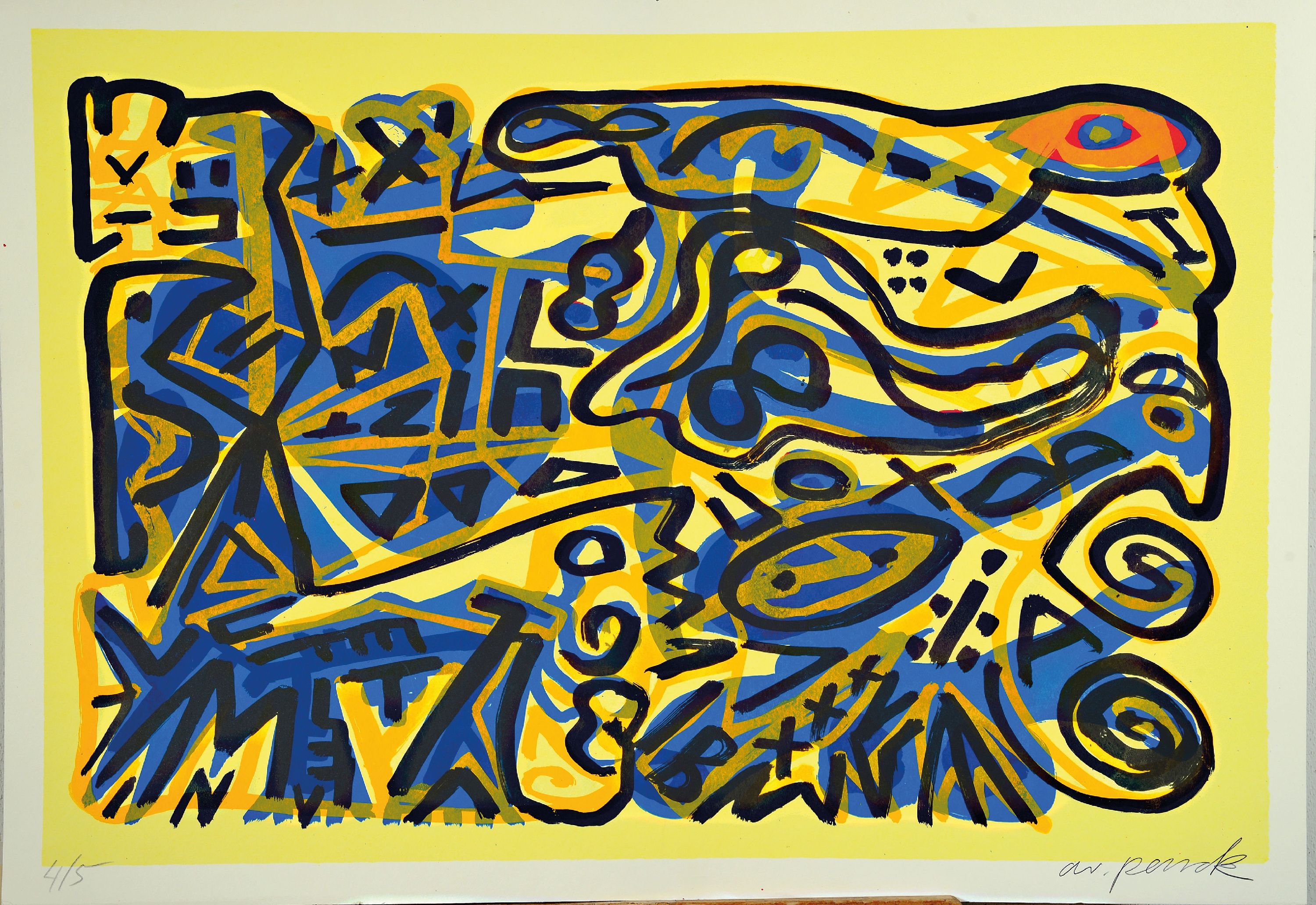 Detail k: A.R. Penck, 1939-2017, Komposition in Gelb, Farbsiebdruck, handsign. und num. 4/5, ca. 70x100cm