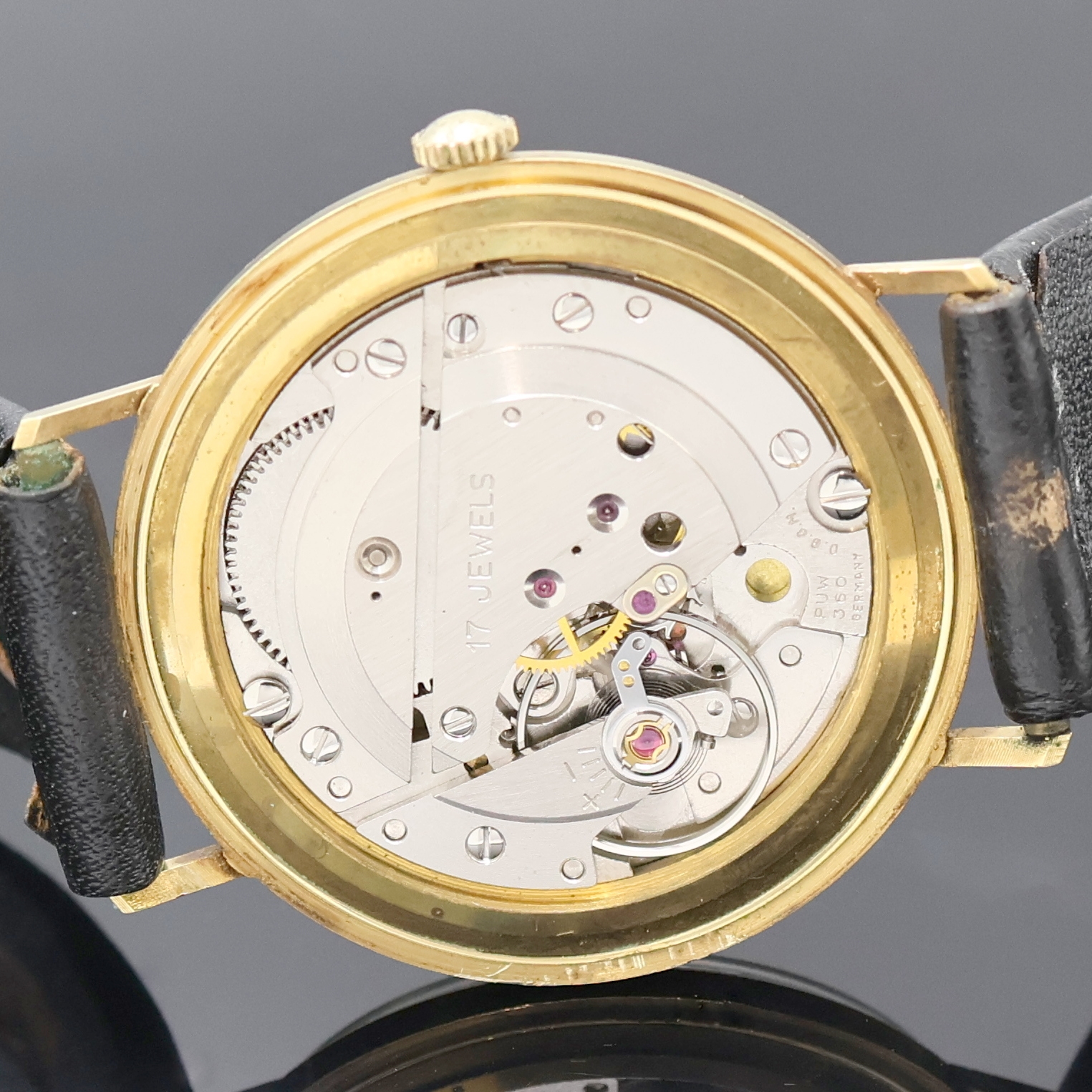 Detail f: ARISTO Armbanduhr in GG 585/000, Deutschland um 1965, Handaufzug, Boden aufgedr., silb. Zifferbl. m. gold. Std.-Ind., gold. Zeiger, Kal. PUW360, 17 ...