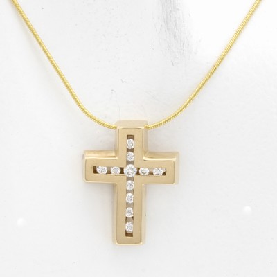 27029752b - Kreuzanhänger mit Brillanten an Kette, GG 585/000, Brill. in Kanalfassung zus. ca. 0.12 ...