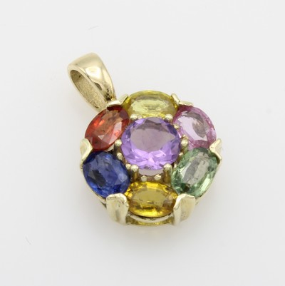 Image Anhänger mit Farbsteinen, GG 585/000, runde Form, Amethyst mittig gef. umgeben v. ...