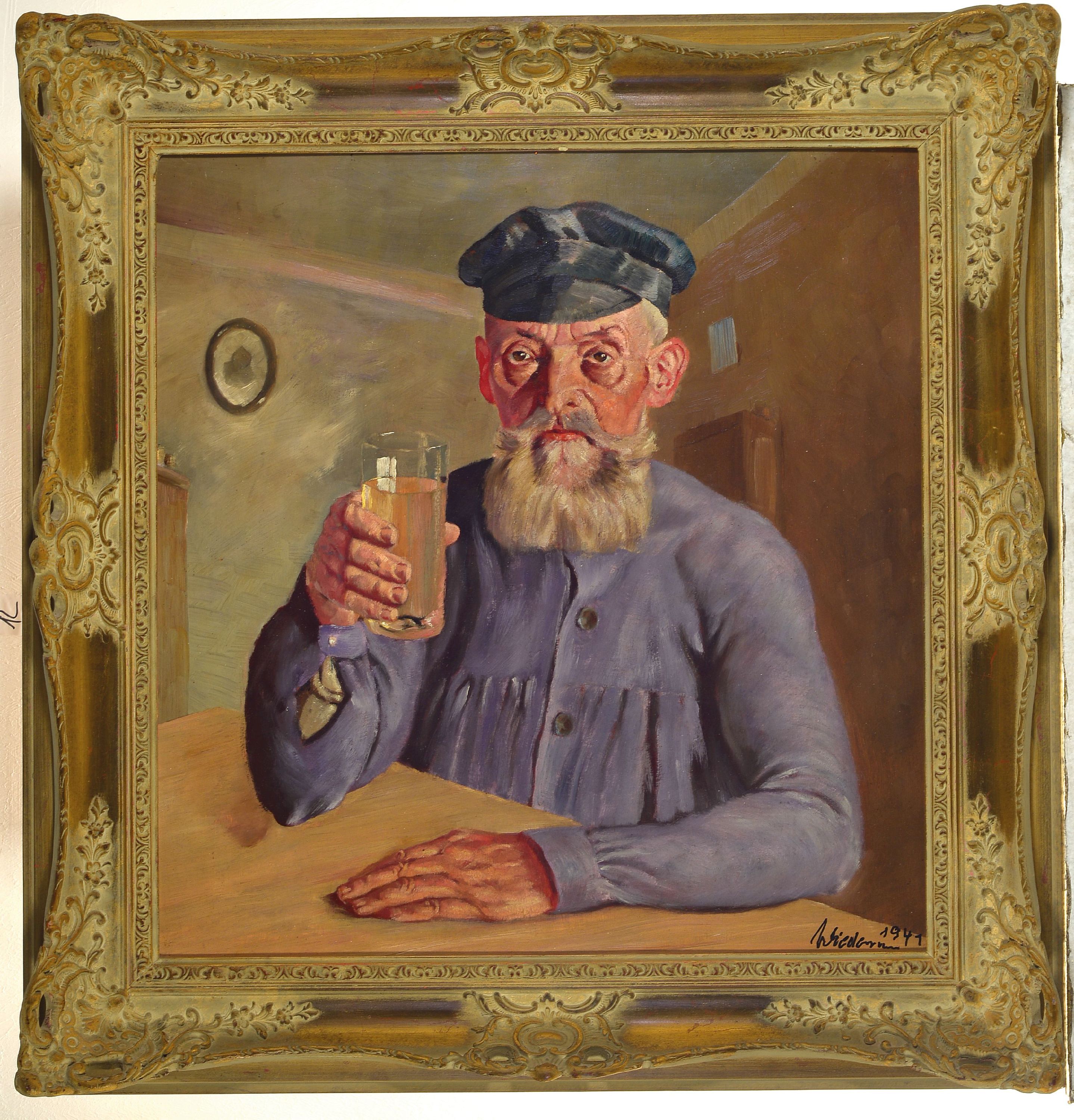Detail k: Fritz Wiedemann, 1920 Gimmeldingen-1987 Mußbach, Pfälzer Winzer mit Schoppenglas, Öl/Holz, rechts unten sign. und dat. 1941, ca. 65x61cm, R. ca. ...