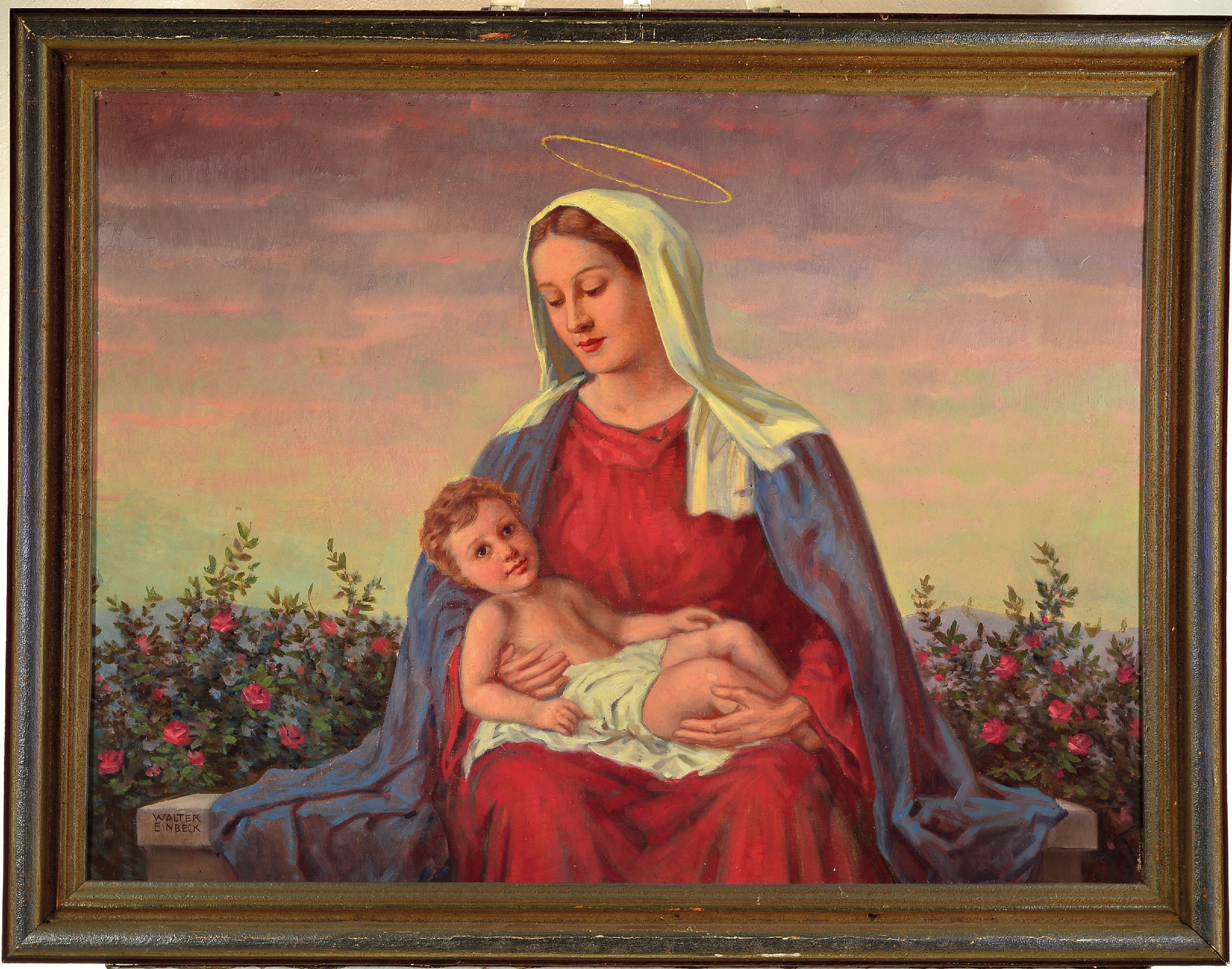 Detail k: Walter Einbeck, 1890 Magdeburg-1968 München,Madonna mit Jesuskind in Rosen umkränzter Landschaft, Öl/Lwd, links unten sign., ca. 60x80cm, R. ca. ...