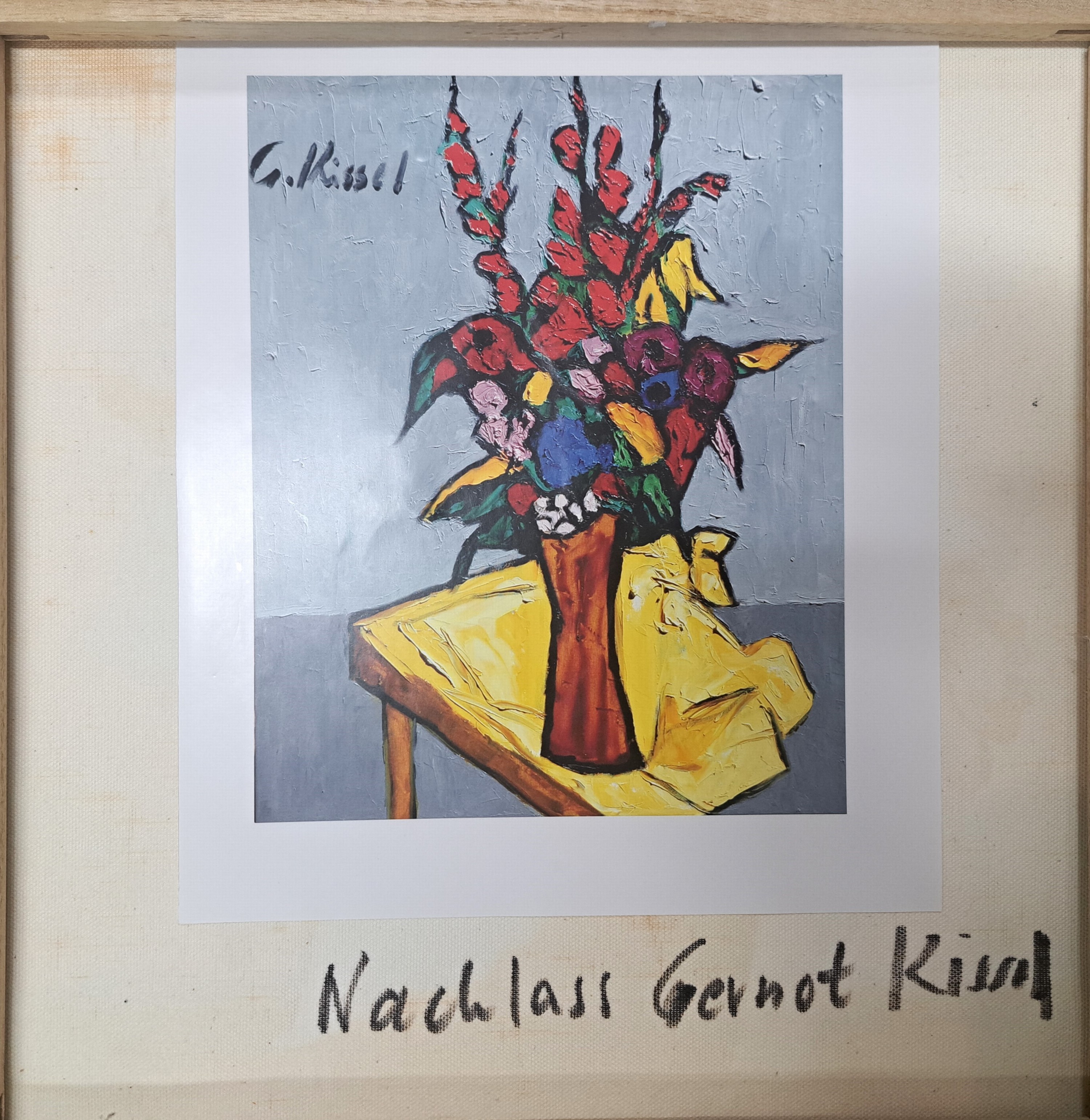 Detail b: Gernot Kissel, 1939 Worms-2008 Römerberg, Roter Rosenstrauss in roter Vase, Öl/Lwd, seitlich rechts krakeliert, unsign., aus dem Nachlaß des ...