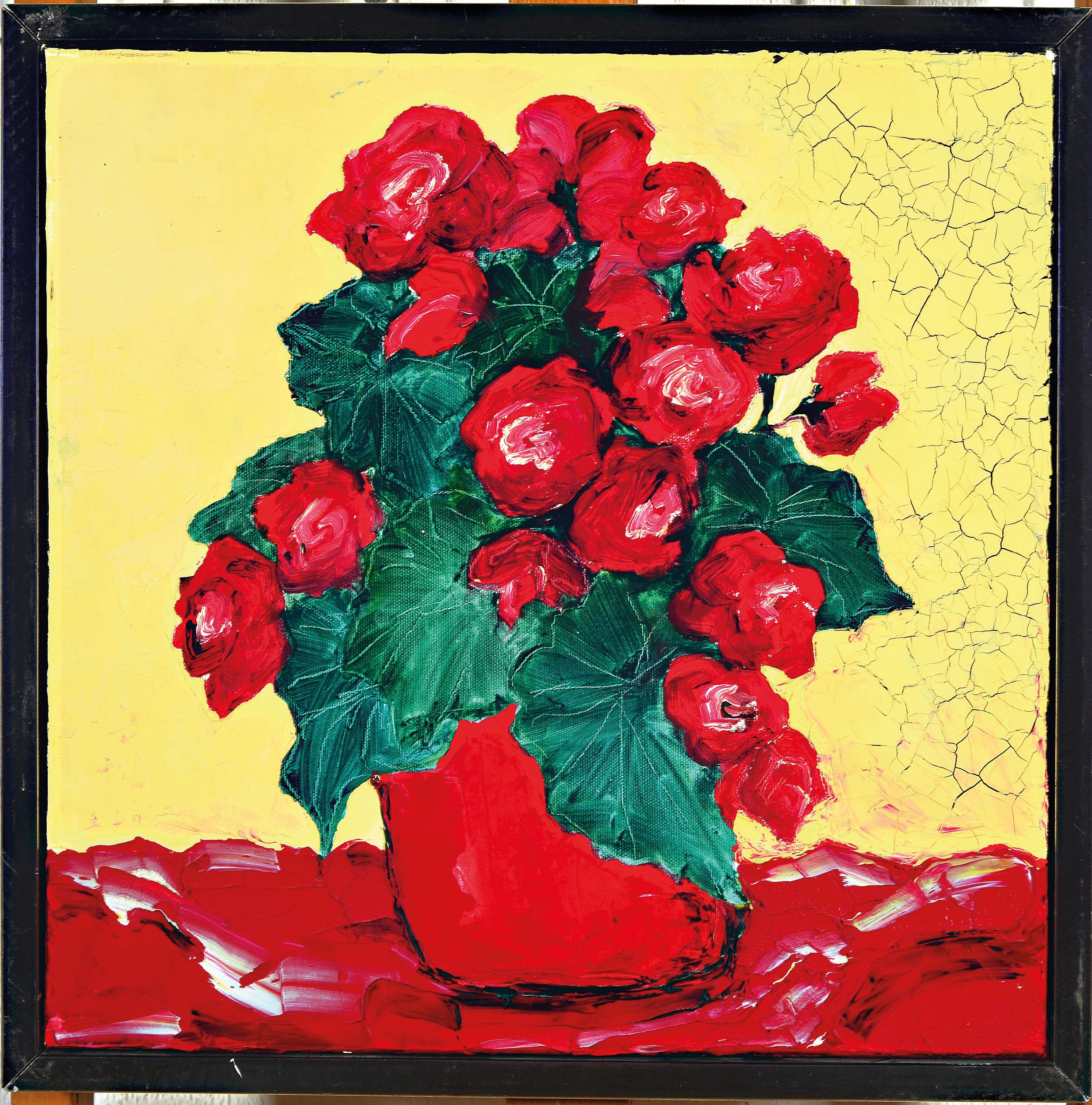 Detail k: Gernot Kissel, 1939 Worms-2008 Römerberg, Roter Rosenstrauss in roter Vase, Öl/Lwd, seitlich rechts krakeliert, unsign., aus dem Nachlaß des ...