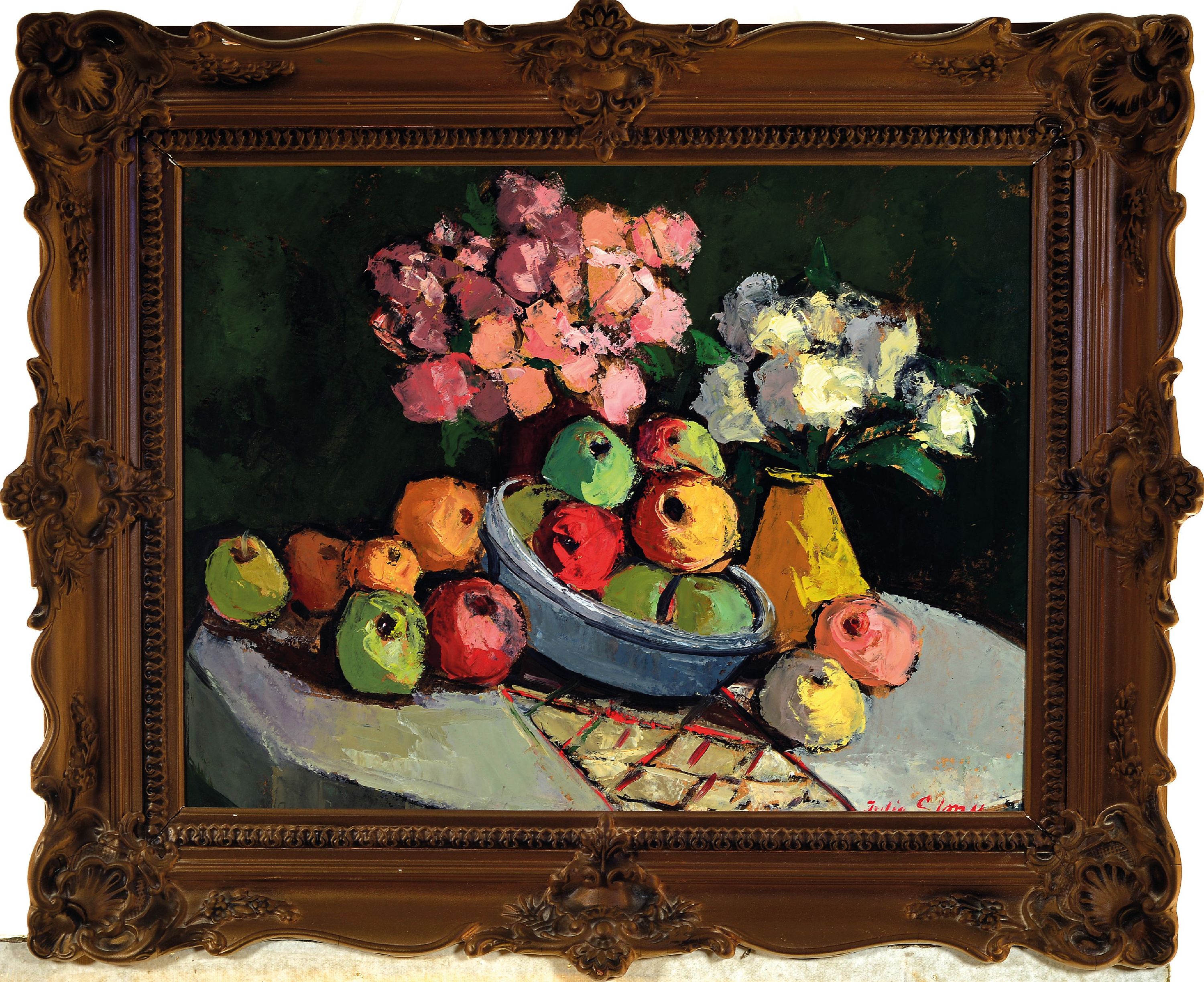 Detail k: Iulia Simu, 1900-1974 Rumänien,, Studium an der Akademie Bukarest, Stillleben mit Äpfeln und Blumen, Öl/Malkarton, rechts unten sign., ca. ...