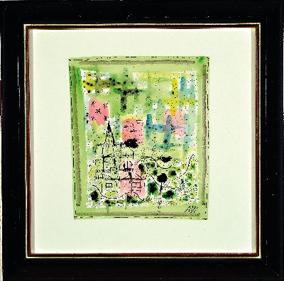 27029803k - Sepp Mahler, 1901 Wurzach-1975 Wangen im Allgäu, Hügeldörfchen, Aquarell und Tusche ...