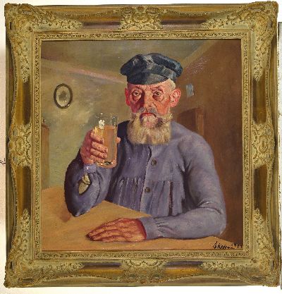 27029813k - Fritz Wiedemann, 1920 Gimmeldingen-1987 Mußbach, Pfälzer Winzer mit Schoppenglas, ...