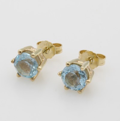 Image Paar Ohrstecker mit Blautopasen, GG 585/000, 2 Topase (beh.) in Krappenfassungen, D. ca. ...