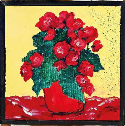 27029847k - Gernot Kissel, 1939 Worms-2008 Römerberg, Roter Rosenstrauss in roter Vase, Öl/Lwd, ...