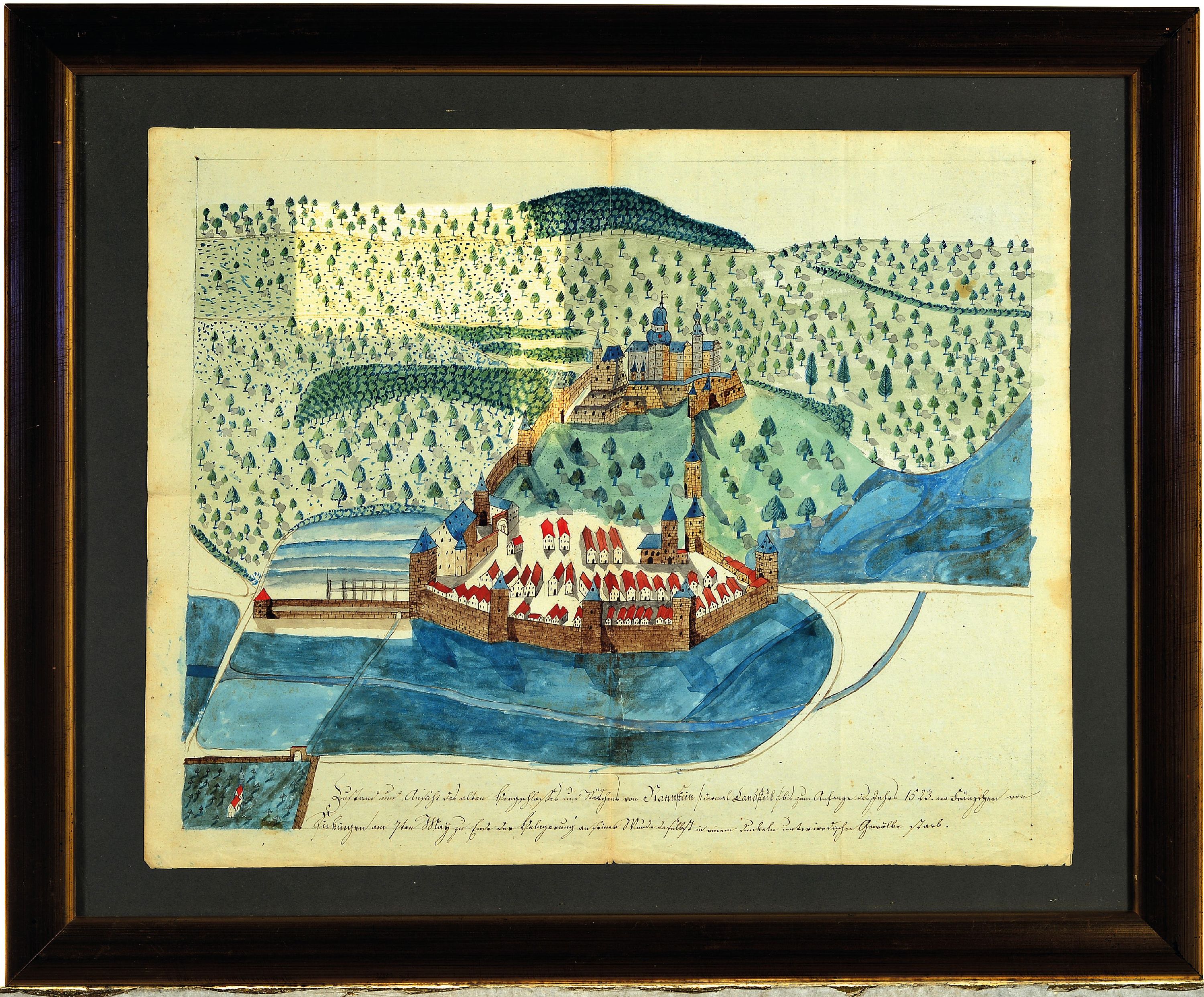 Detail k: Unbekannter Künstler des 17. Jh., Burg Nanstein bei Landstuhl, aquarellierte Tuschfederzeichnung, darunter handschriftlich: Zustand und Ansicht des ...