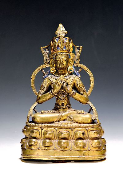 Image Buddha, Indien, um 1900, Bronzeguß, meditierende Haltung auf doppeltem Lotusthron, H. ...