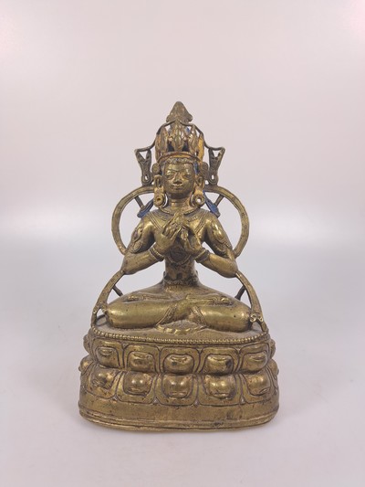 27029910a - Buddha, Indien, um 1900, Bronzeguß, meditierende Haltung auf doppeltem Lotusthron, H. ...