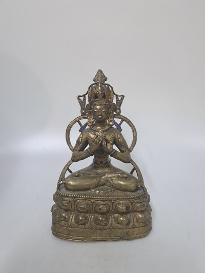 27029910h - Buddha, Indien, um 1900, Bronzeguß, meditierende Haltung auf doppeltem Lotusthron, H. ...