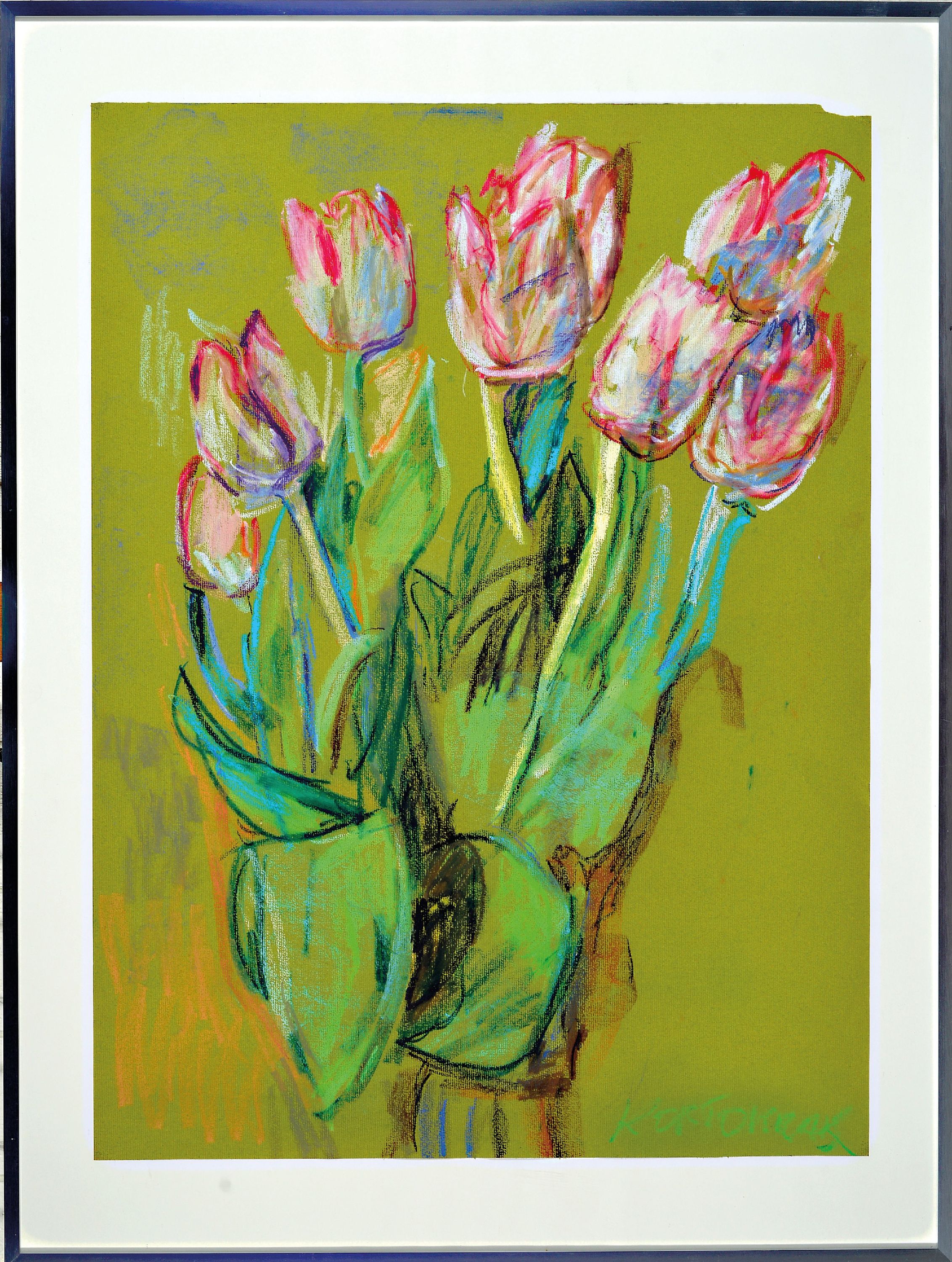 Detail k: Rudolf Kortokraks, 1928 Ludwigshafen am Rhein-2014 Hallein/Österreich, Tulpenstrauss, Pastell und Ölkreide auf grüngelbem Papier, rechts unten ...