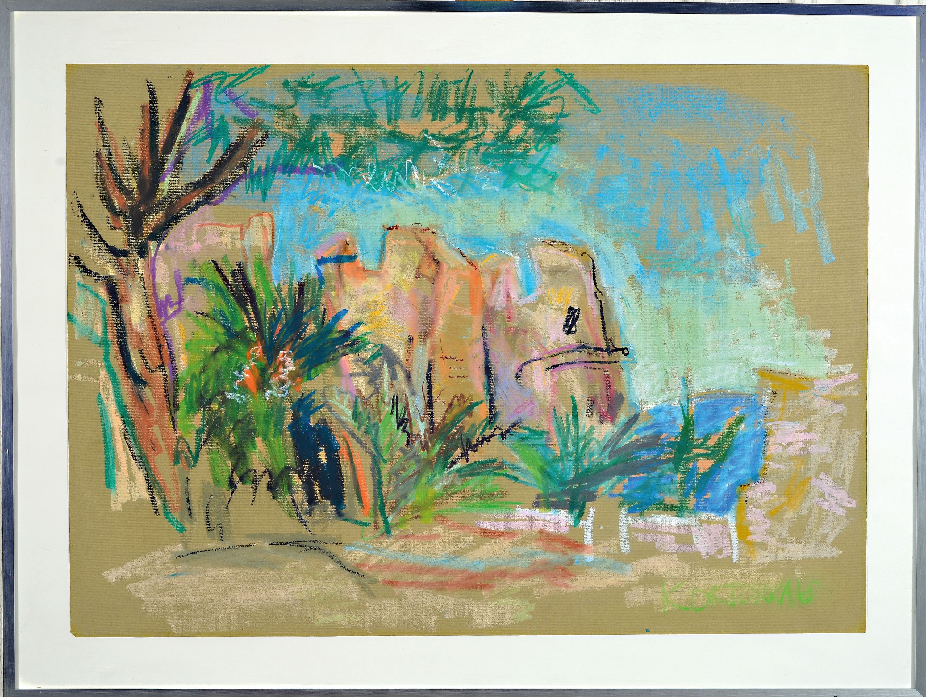 Detail k: Rudolf Kortokraks, 1928 Ludwigshafen am Rhein-2014 Hallein/Österreich, Sommerliche Landschaft mit Sandsteinstaffage, Pastell und Ölkreide auf ...