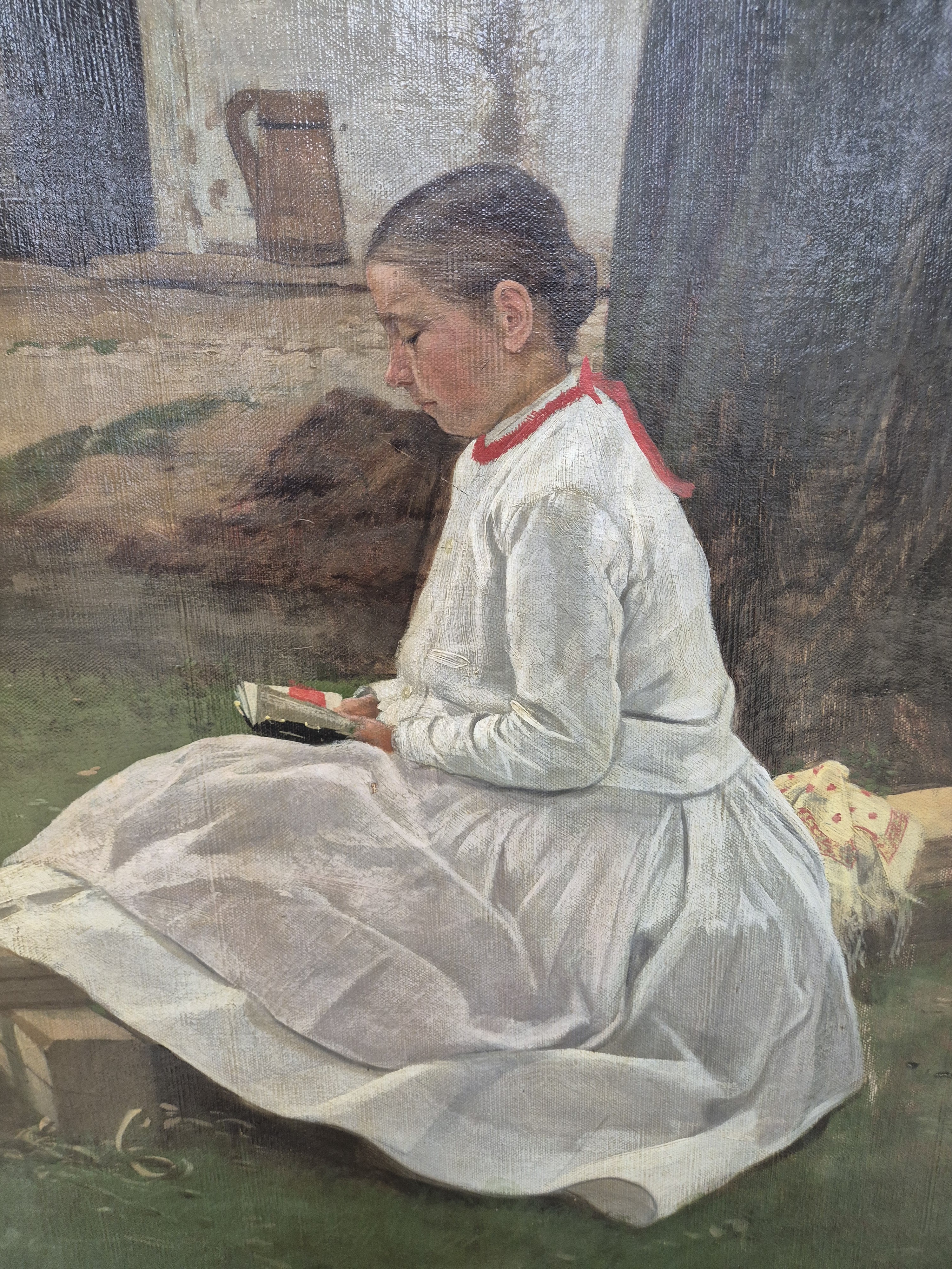 Detail b: Antoni Piotrowski, 1853 Kunow/Polen-1924 Warschau, Balkan-Trachtengruppe, 4 Frauen verschiedenen Alters in volksfrömmiger Übung, hintergründig ein ...