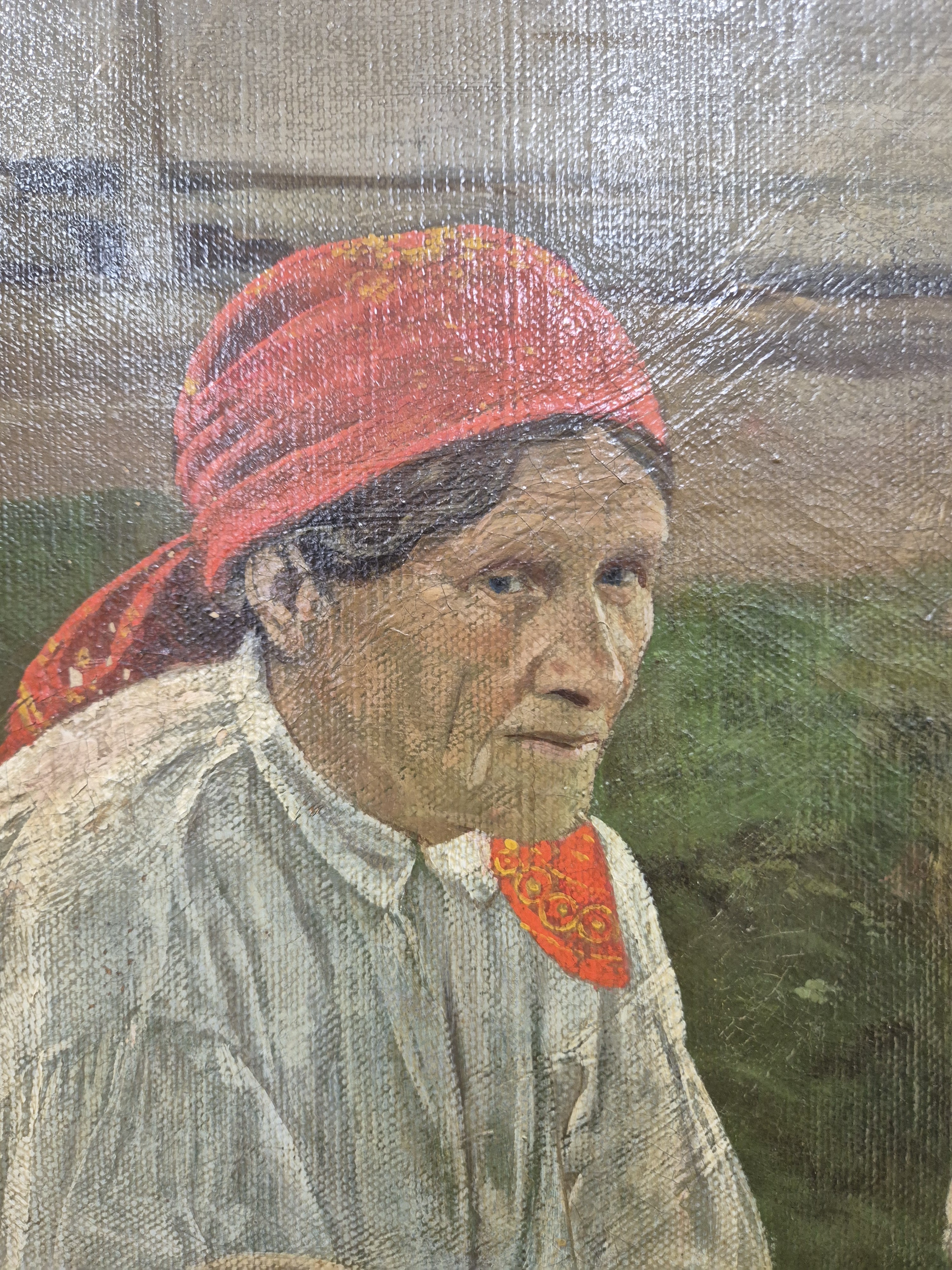 Detail c: Antoni Piotrowski, 1853 Kunow/Polen-1924 Warschau, Balkan-Trachtengruppe, 4 Frauen verschiedenen Alters in volksfrömmiger Übung, hintergründig ein ...