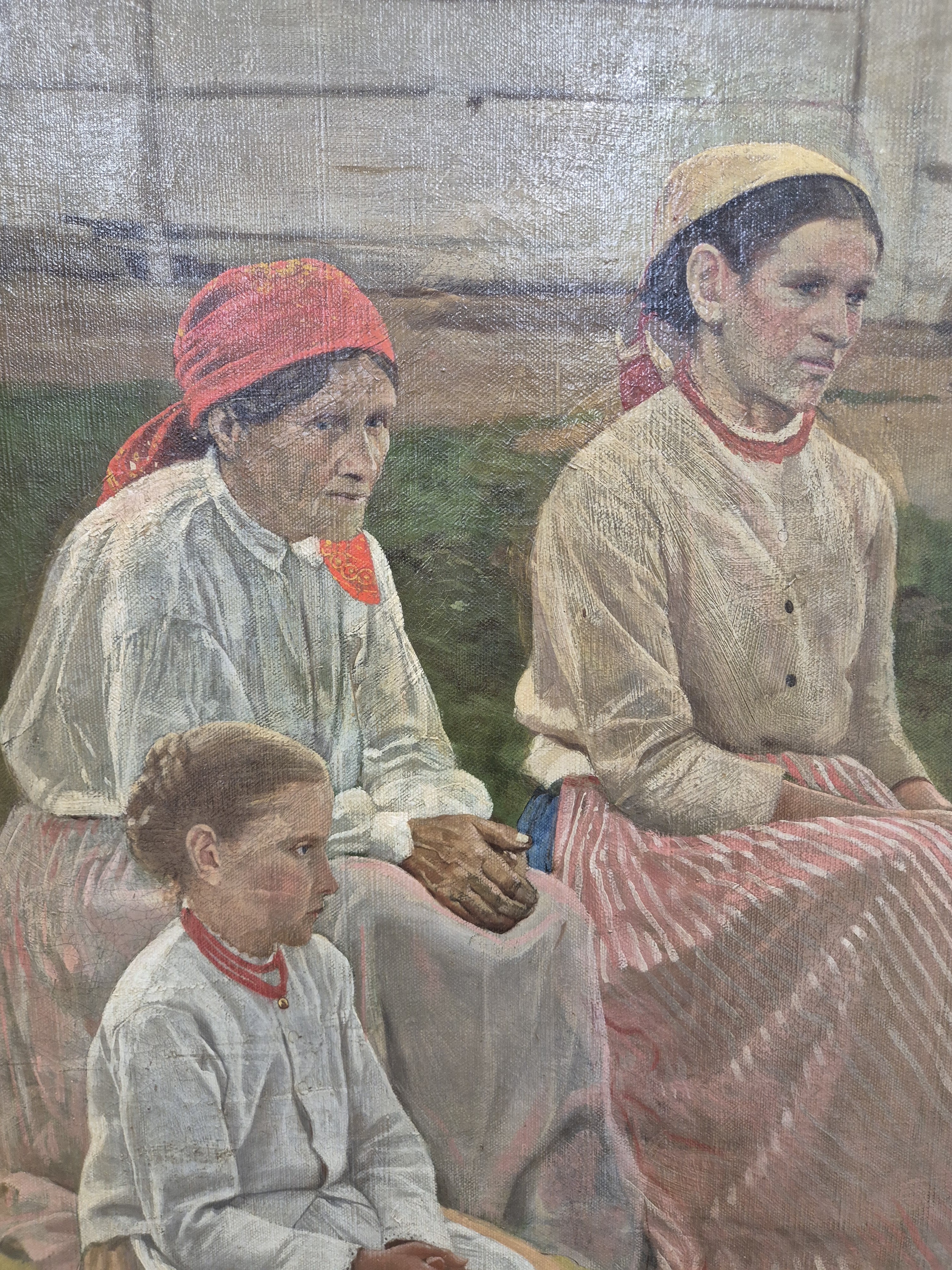 Detail d: Antoni Piotrowski, 1853 Kunow/Polen-1924 Warschau, Balkan-Trachtengruppe, 4 Frauen verschiedenen Alters in volksfrömmiger Übung, hintergründig ein ...