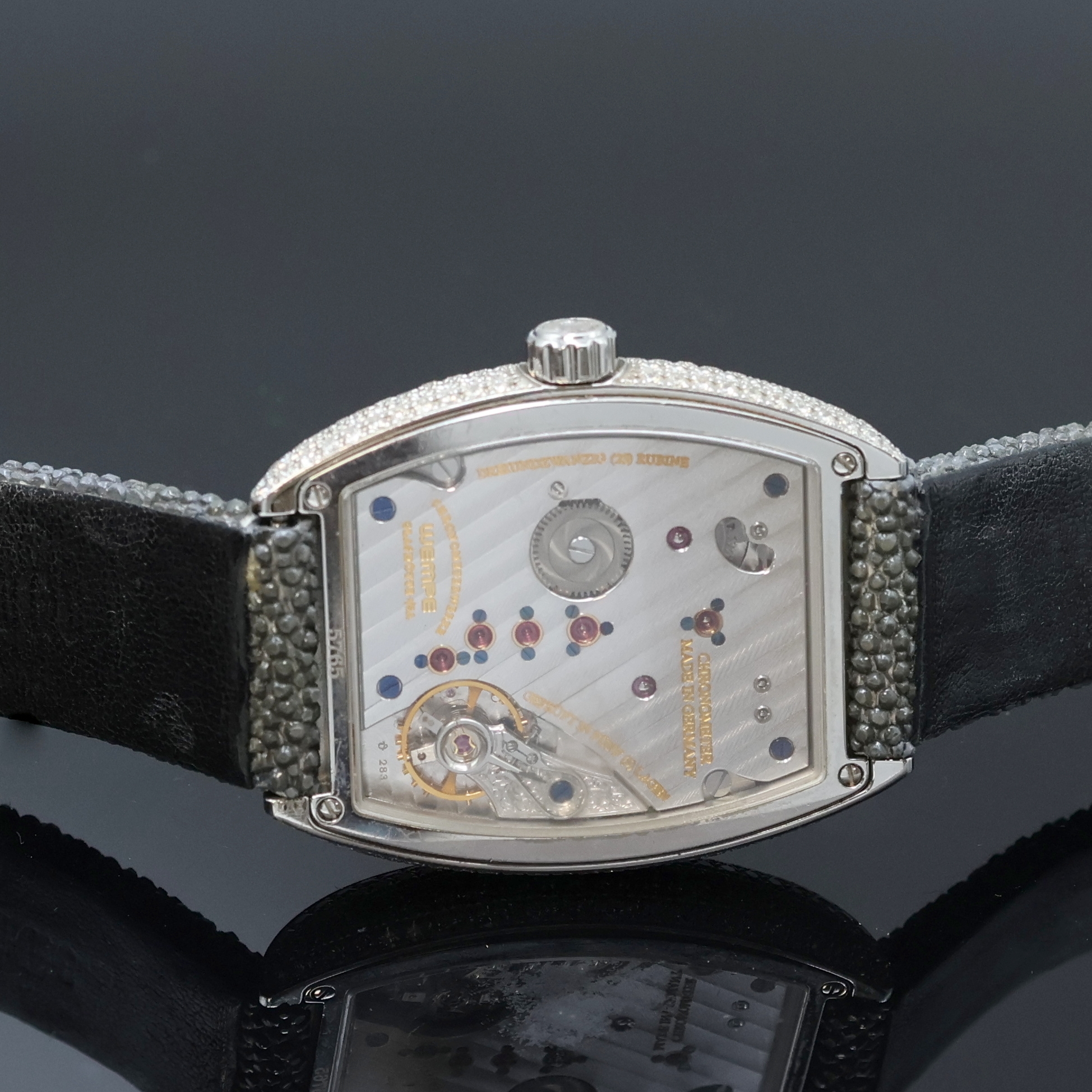 Detail e: WEMPE hochfeines und extrem seltenes Armbandchronometer, Handaufzug, Deutschland um 2011, beids. vergl. Edelstahlgeh. aufw. m. Brillanten bes., ...