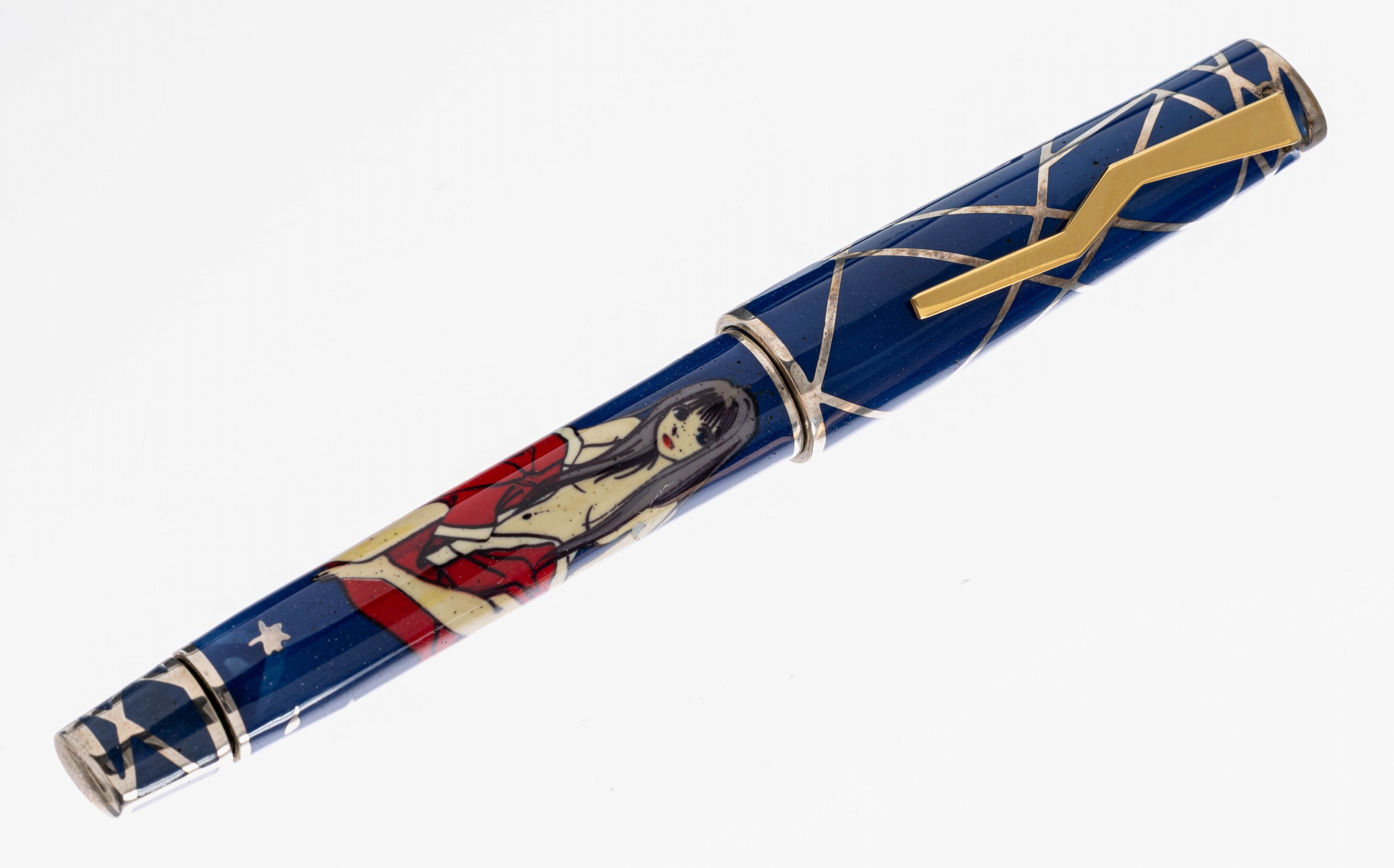 Detail a: OMAS Kolbenfüllhalter, "Miku", limitierte Edition, 925er Silber mit Email, Grund blauemaill., mit Silberapplikationen, Clip verg., im ...