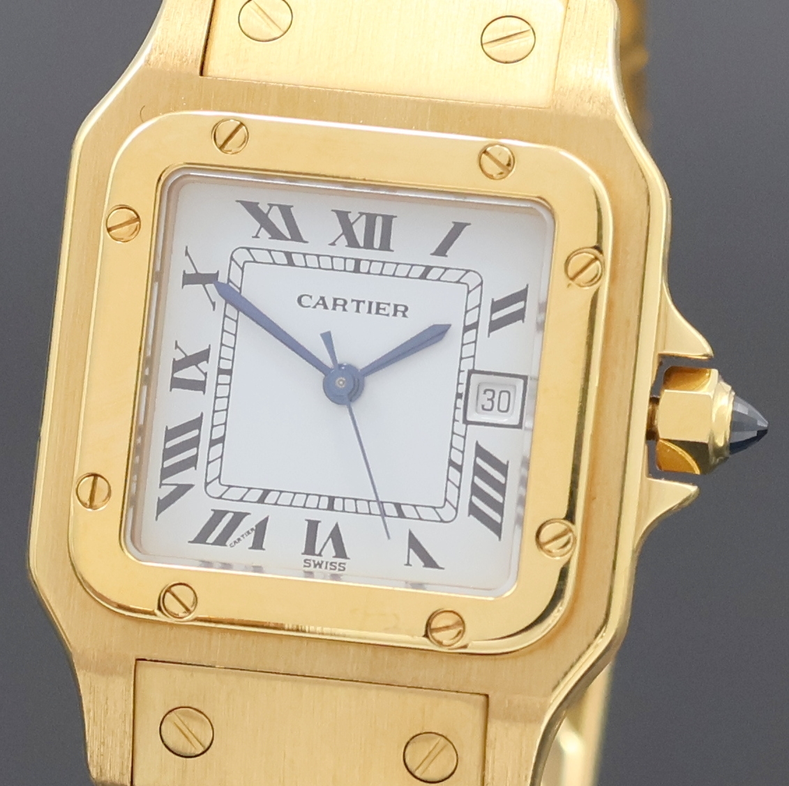 Detail a: CARTIER Santos, selten gut erhaltene Herrenarmbanduhr in GG 750/000 Referenz 2494, Schweiz um 1980, Automatik, Lünette gegen Geh. 8-fach verschr., ...