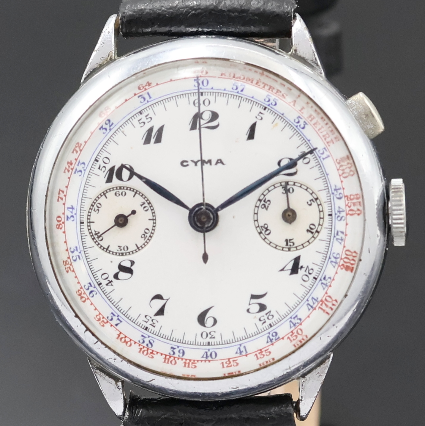 Detail a: CYMA früher Eindrücker-Schaltradchronograph,Schweiz m 1930, Handaufzug, verchr. Geh. dell./ber., Glasrand und Edelstahlboden aufgedr., ...