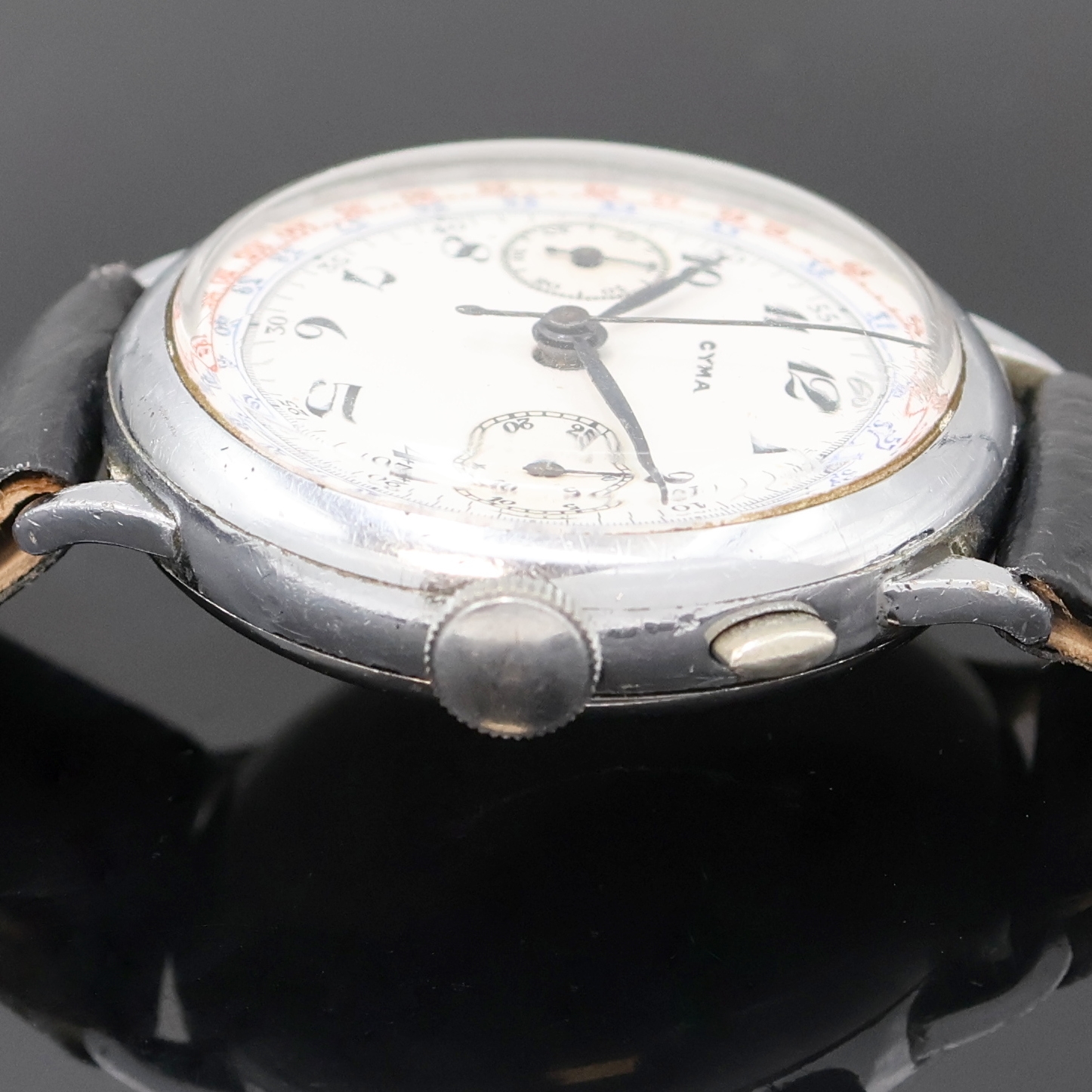 Detail b: CYMA früher Eindrücker-Schaltradchronograph,Schweiz m 1930, Handaufzug, verchr. Geh. dell./ber., Glasrand und Edelstahlboden aufgedr., ...