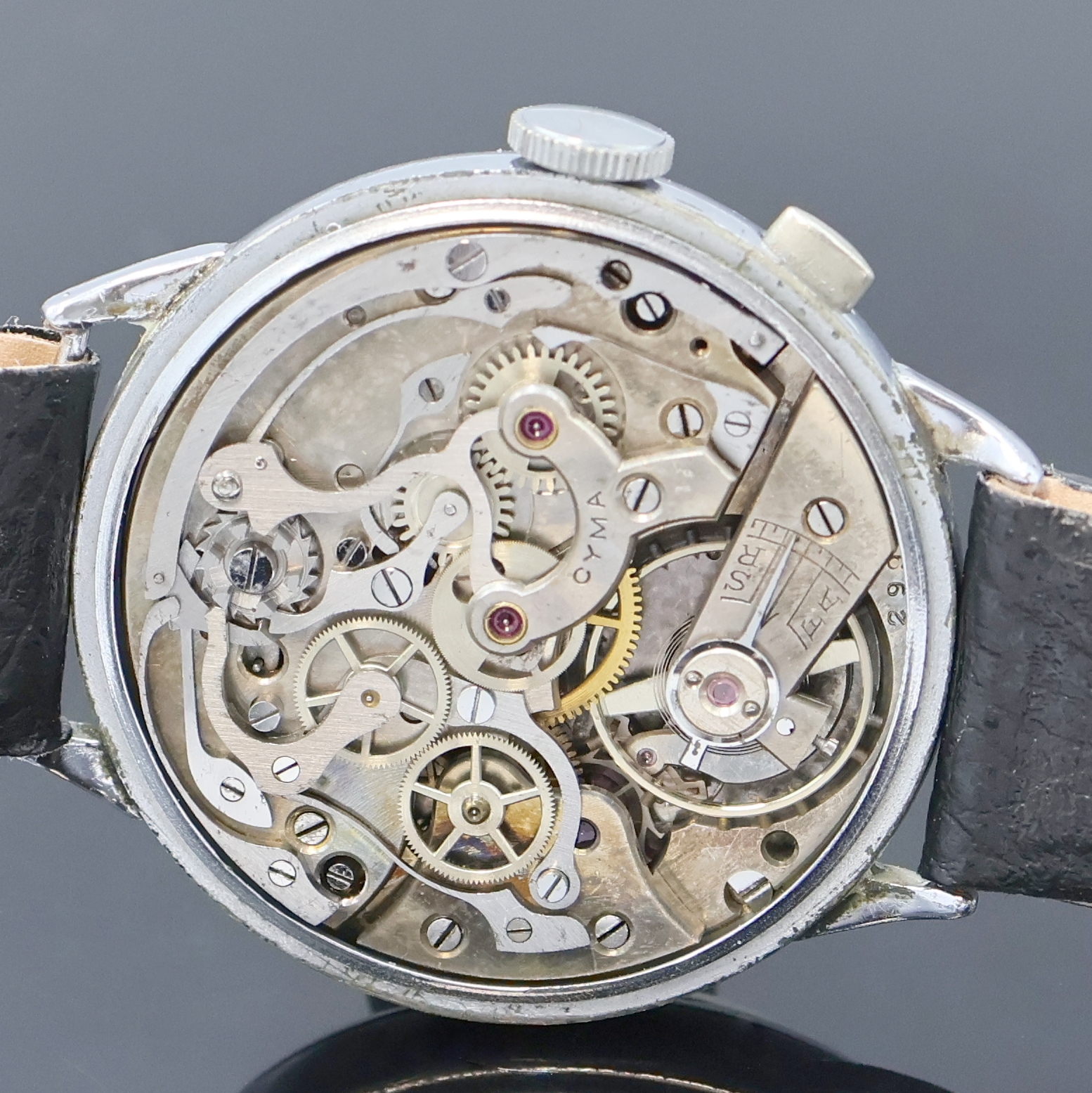 Detail c: CYMA früher Eindrücker-Schaltradchronograph,Schweiz m 1930, Handaufzug, verchr. Geh. dell./ber., Glasrand und Edelstahlboden aufgedr., ...